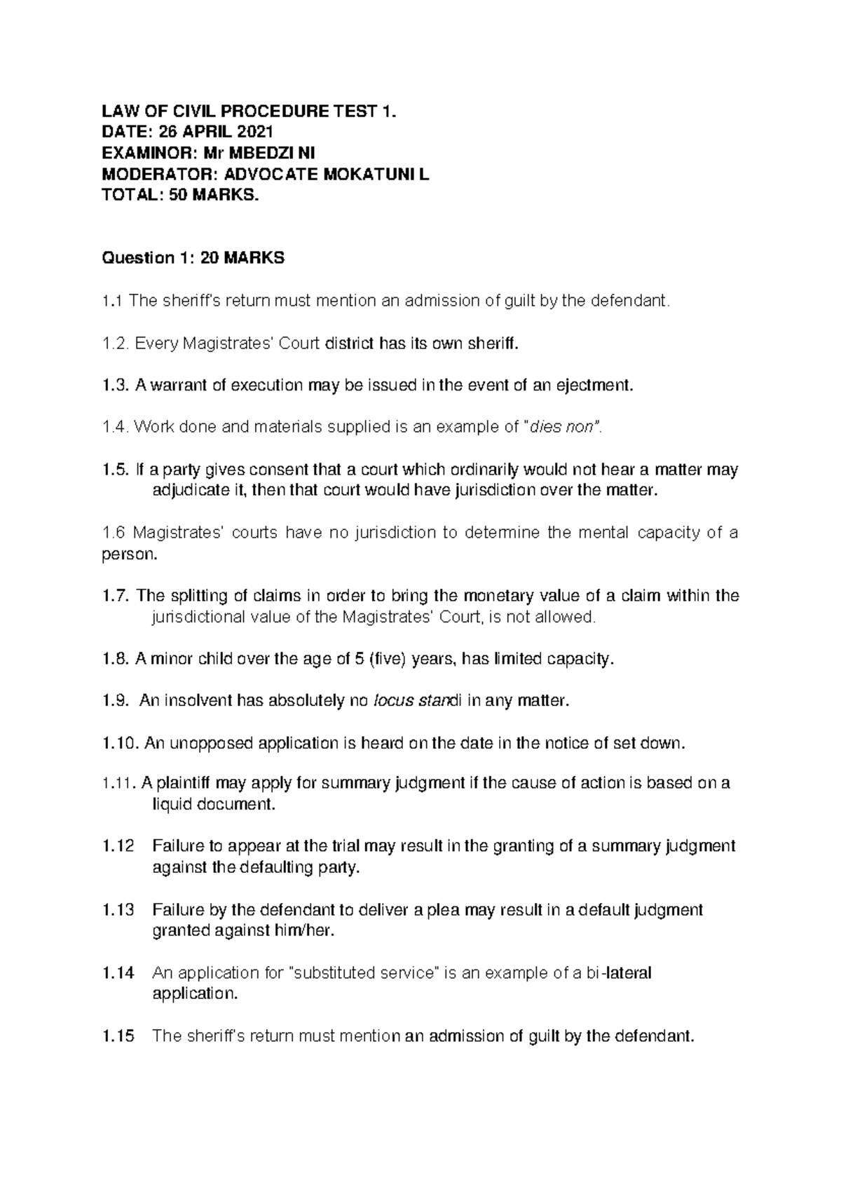 LAW OF CIVIL PROCEDURE TEST 1 - EXAMINATION NOTES & QUESTIONS - Studocu