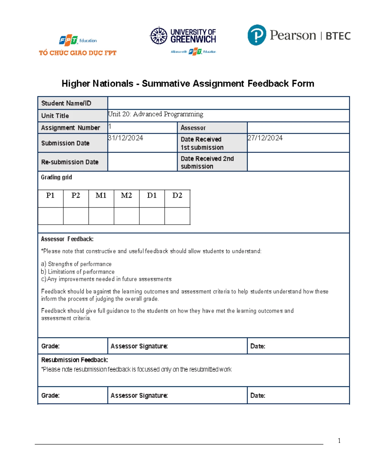 ASM1 Advanced Programming 1651 - Assignment 1 Feedback and Insights ...