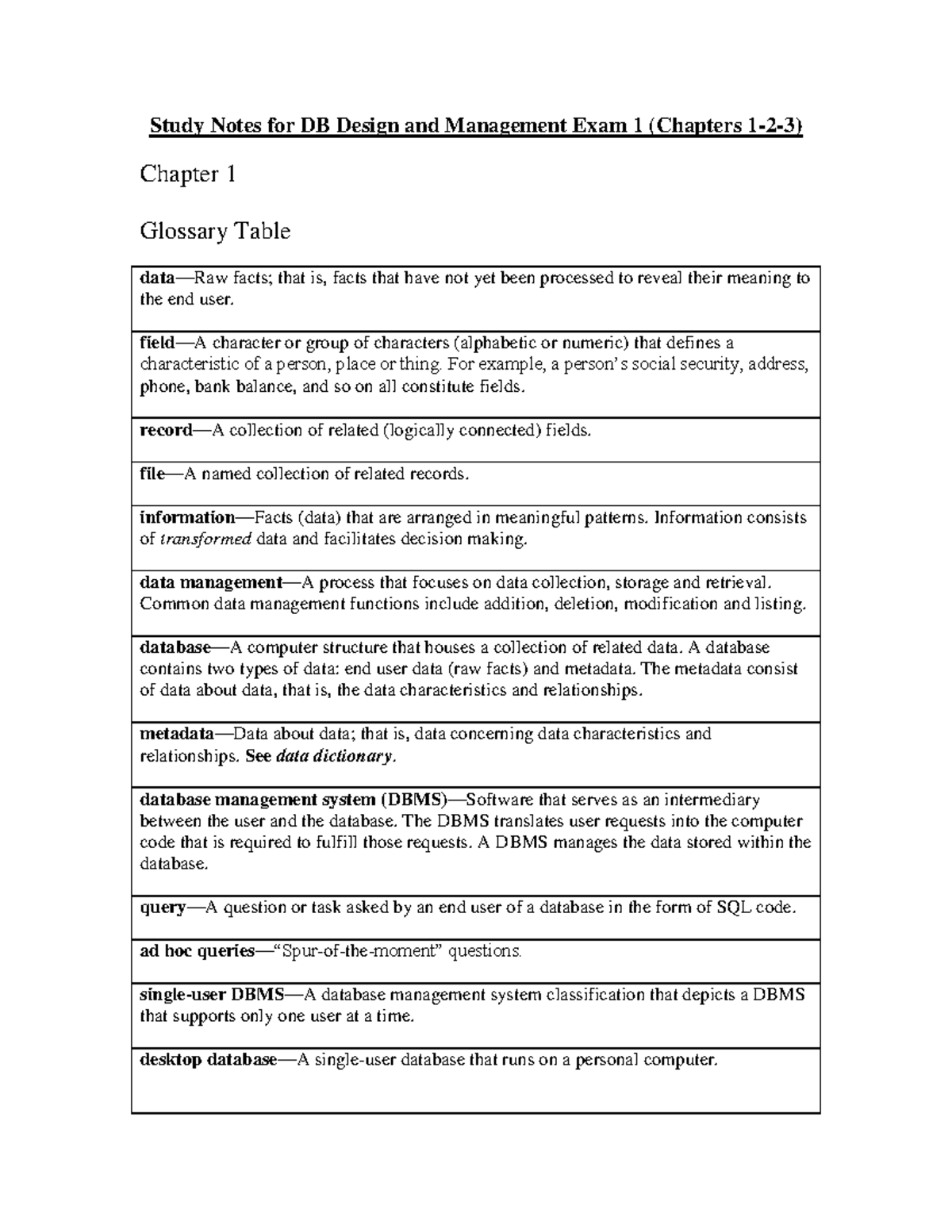 DB Design and Management Study Notes for Exam 1 (Chapters 1-3) - Studocu
