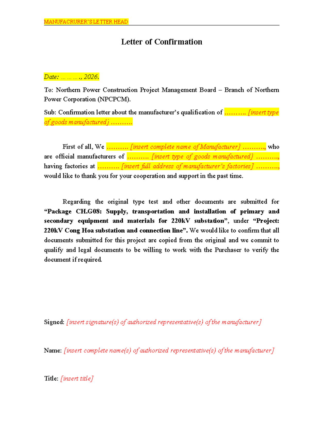 CH.G08: Letter of Confirmation for Equipment Supply and Installation ...