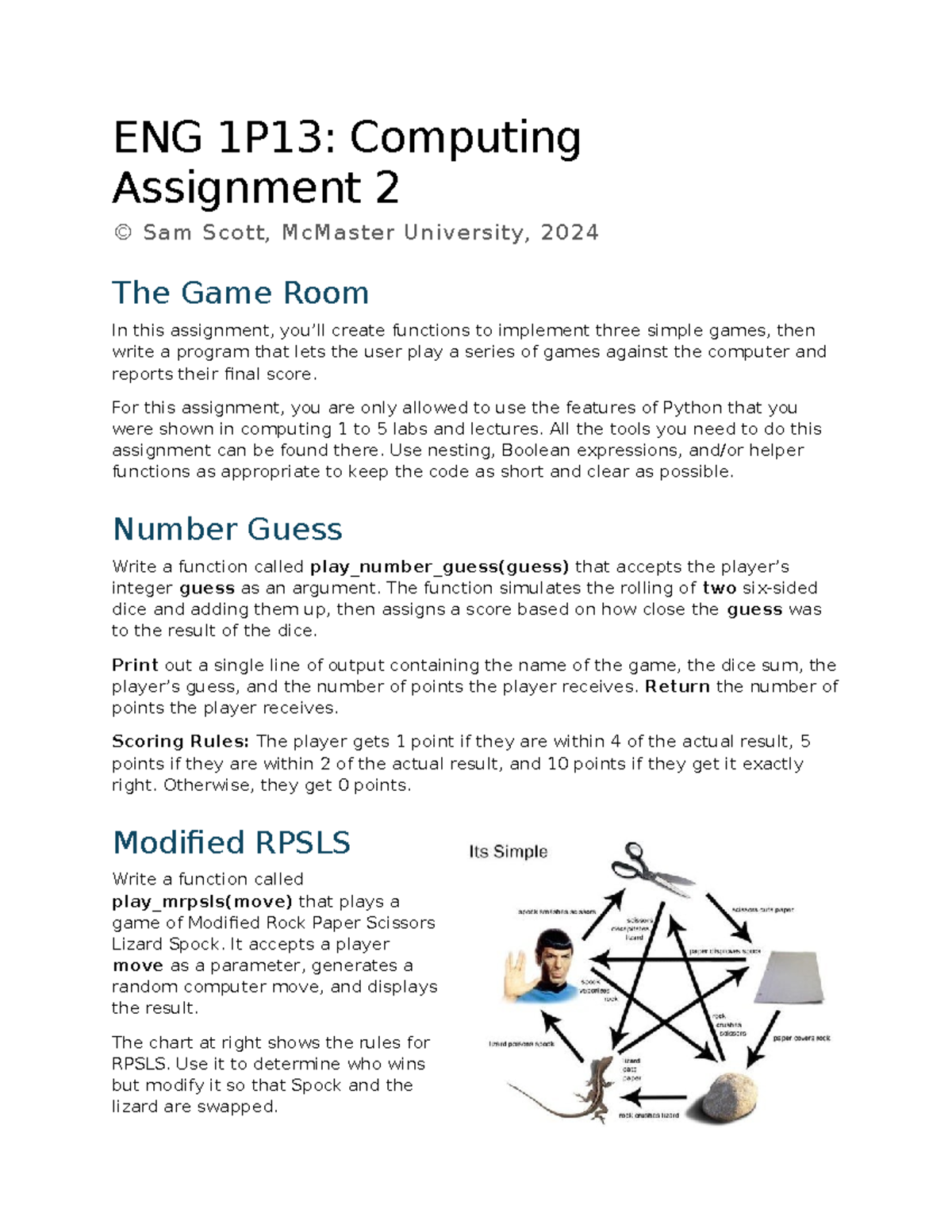 ENG 1P13: Computing Assignment 2 - Game Room Implementation - Studocu