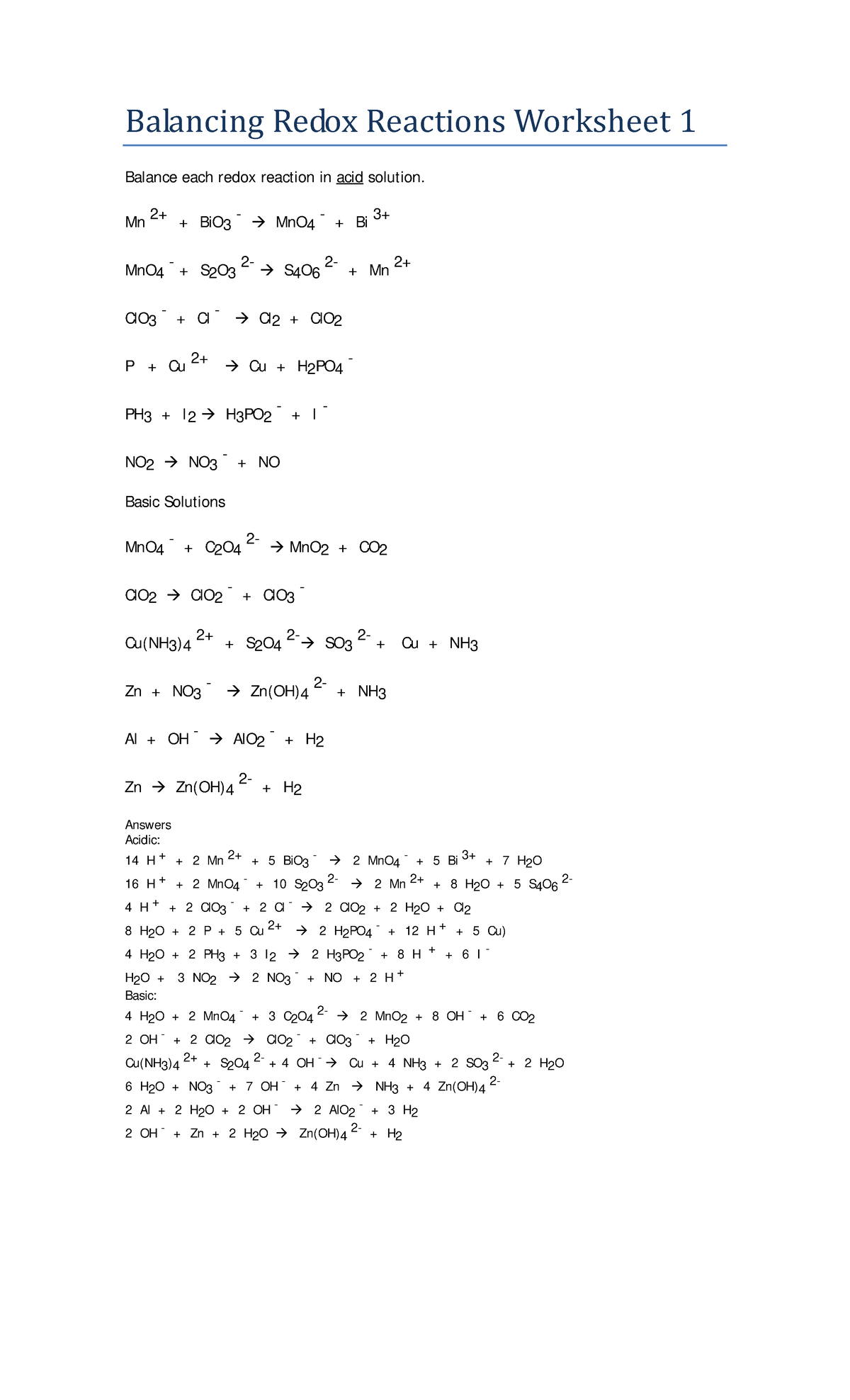 Balancing Redox Reactions Worksheet - Acid & Basic Solutions - Studocu