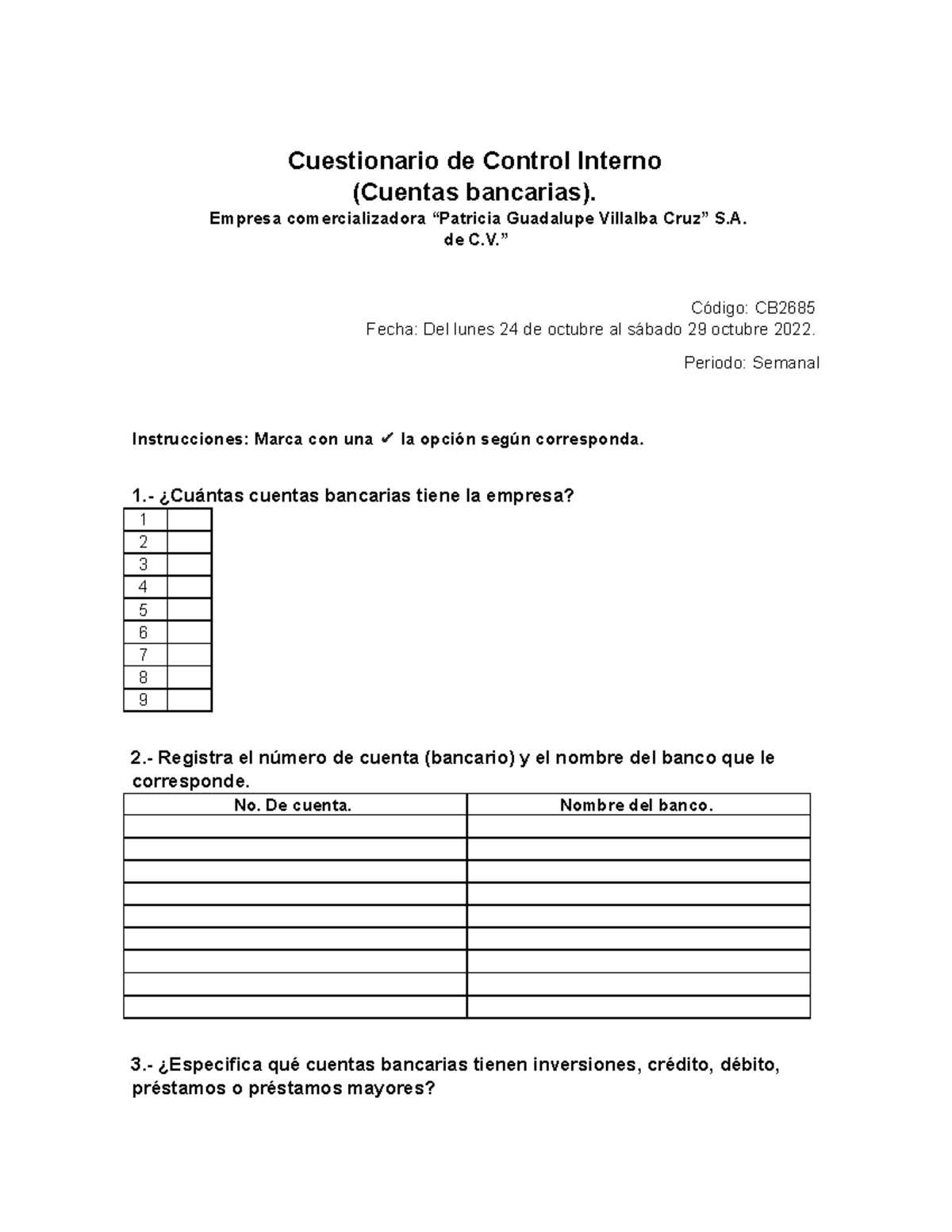 Cuestionario de Control Interno: Cuentas Bancarias - CB - Studocu