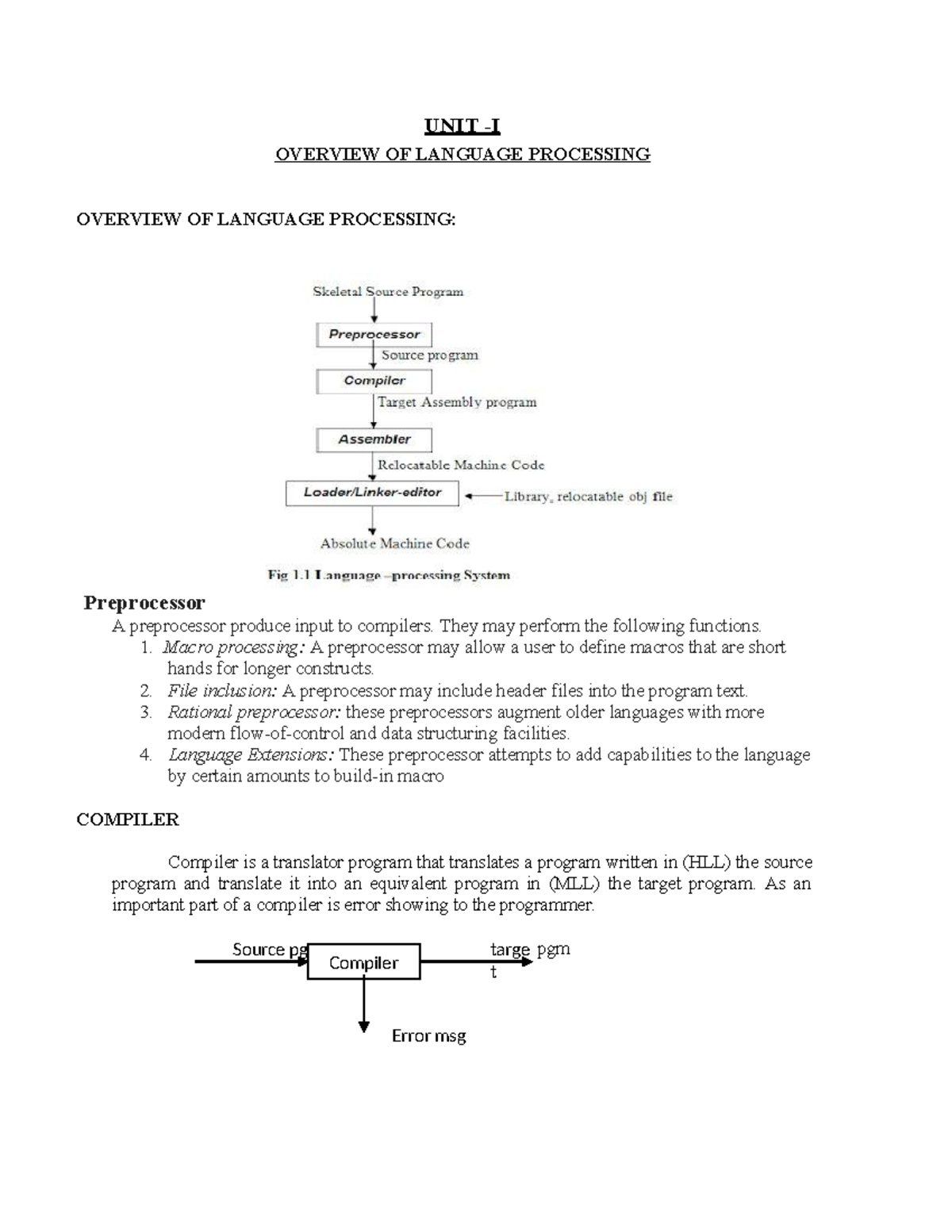 Unit I overview of language processing: Compiler, assembler, and ...