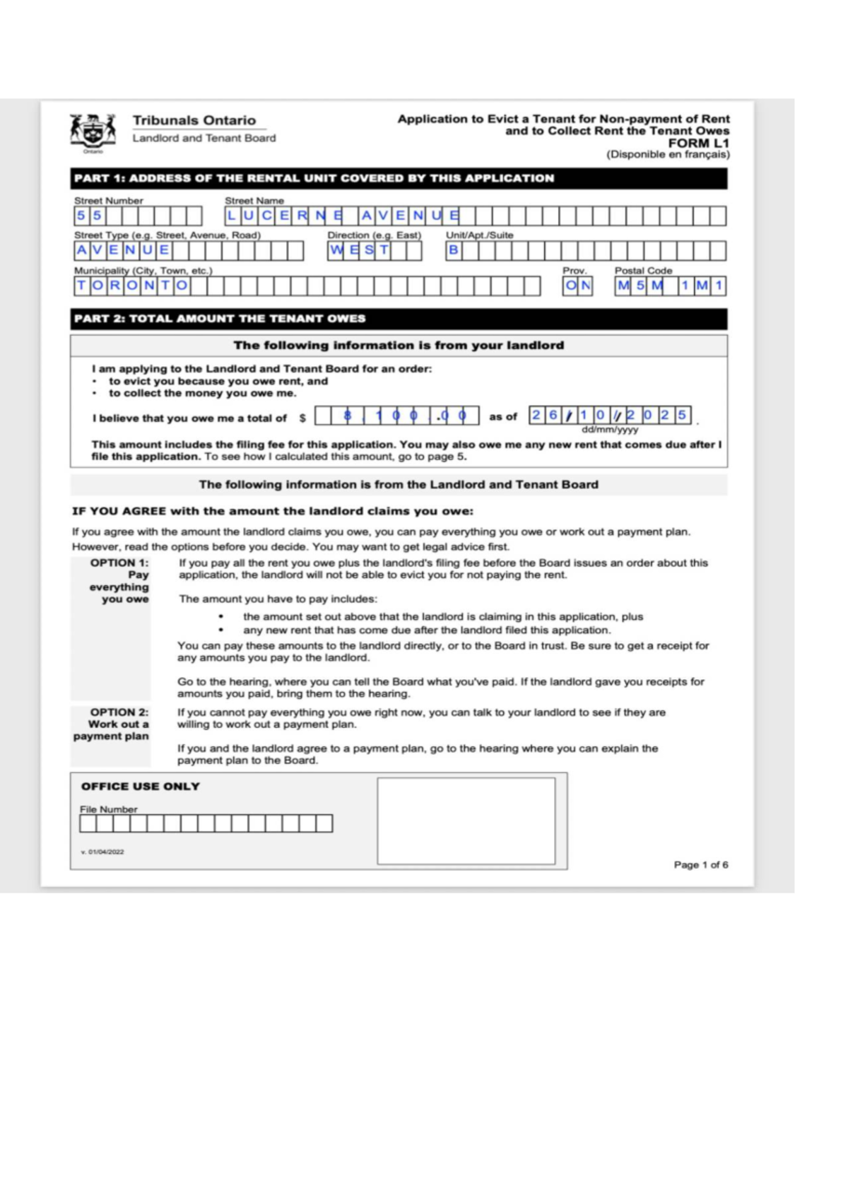 Tribunals Ontario FORM L1: Tenant Eviction Application for Rent Owed ...