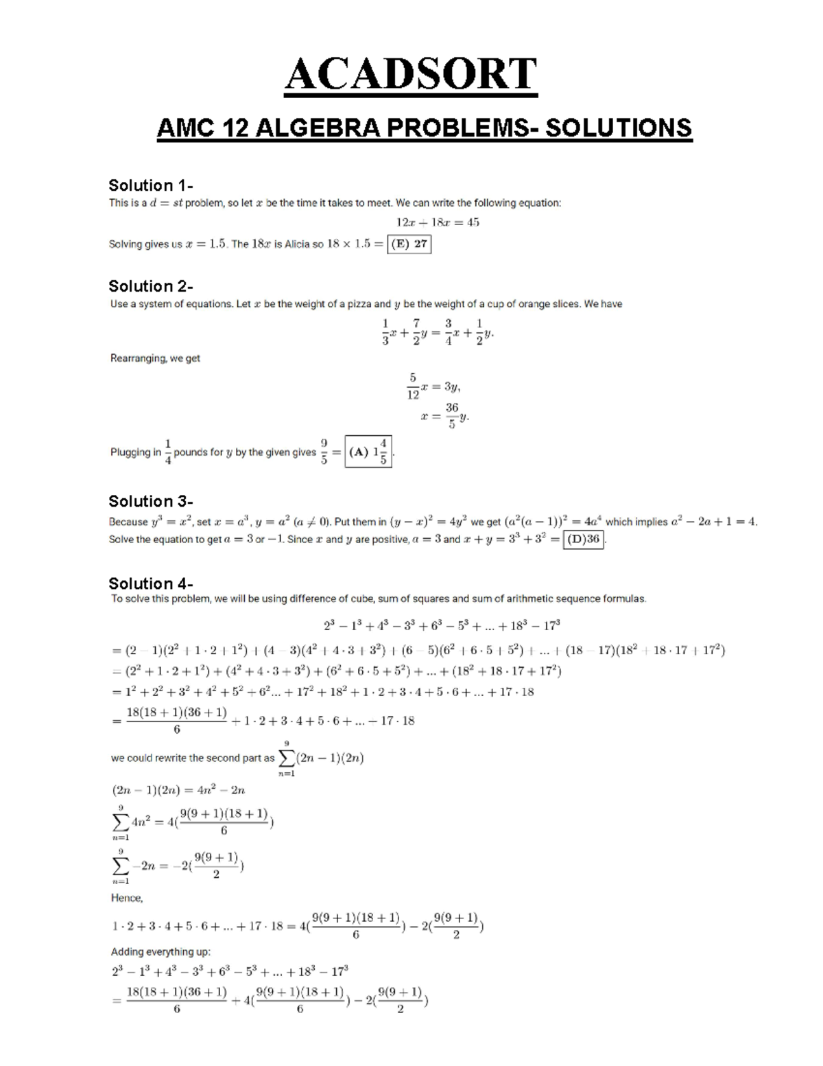 AMC 12 Algebra Problems: Comprehensive Solutions Guide - Studocu