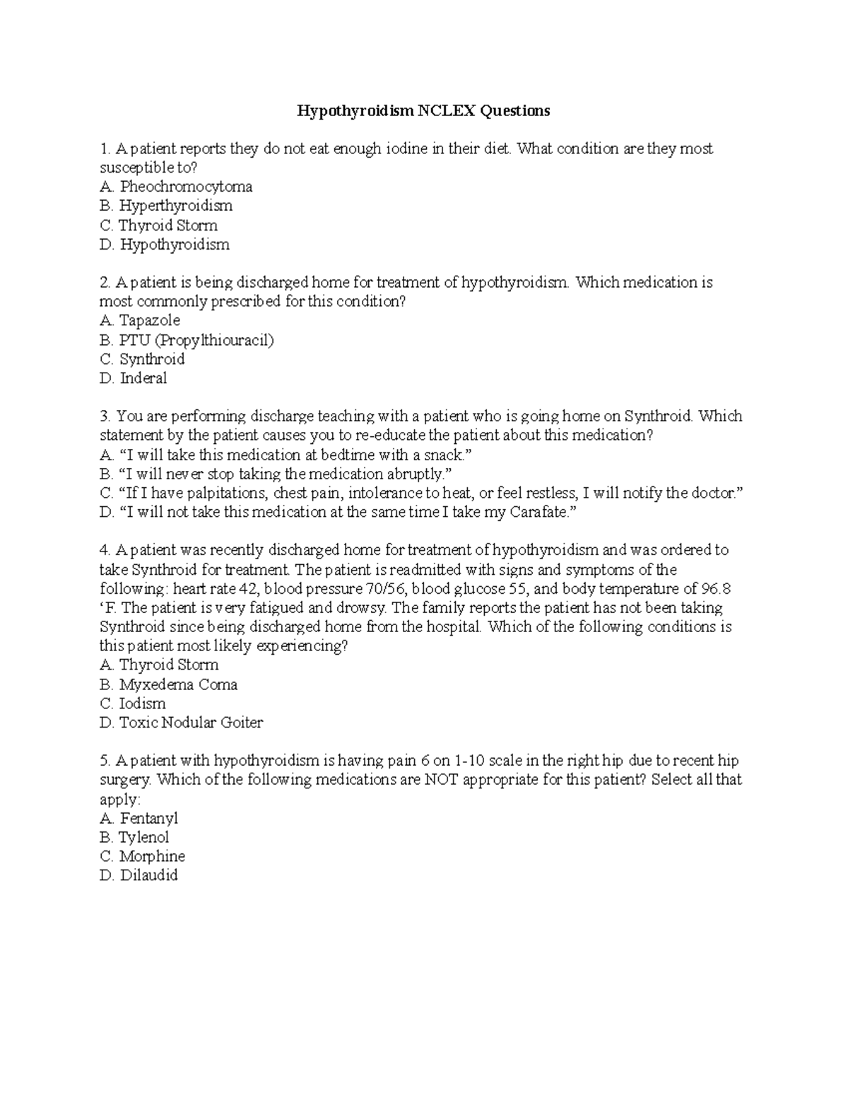 Hypothyroidism NCLEX Questions & Answers for Nursing Students - Studocu