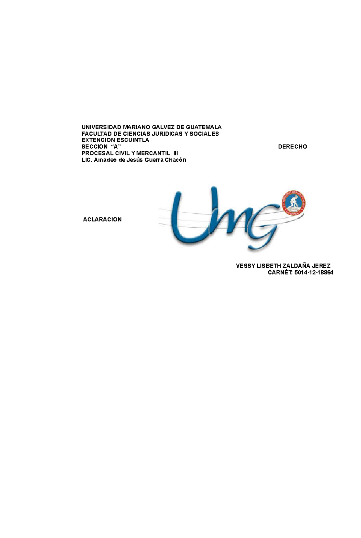 Memorial de Aclaración - Proceso Civil y Mercantil III - Document Preview