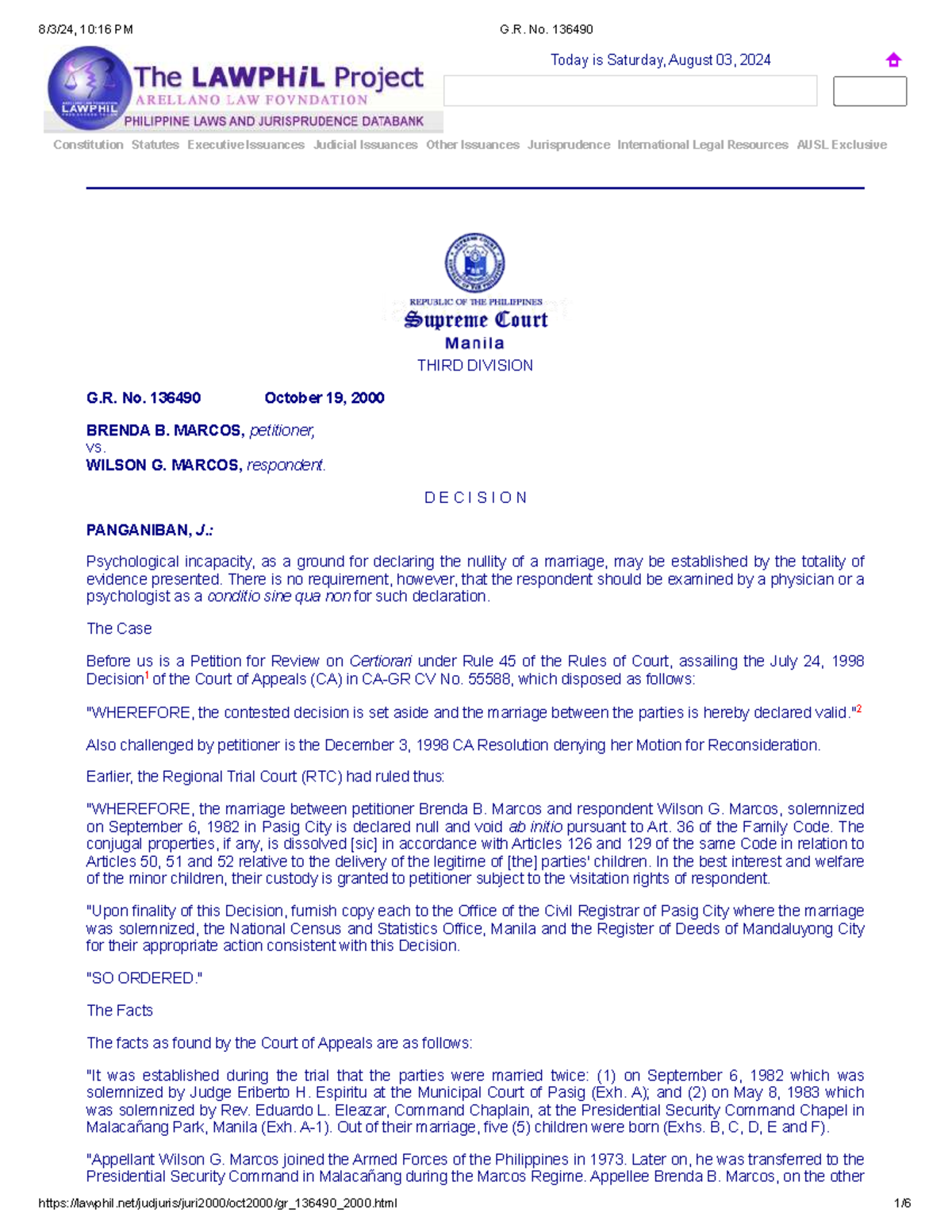 G.R. No. 136490: Psychological Incapacity in Marriage Nullity Case ...