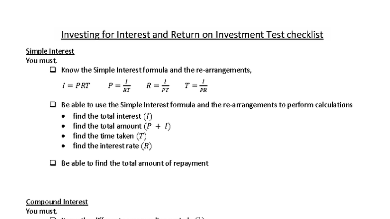 Investing for Interest & ROI Test Checklist 2025 - Studocu