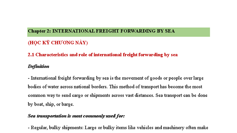 Chapter 2: International Freight Forwarding Sea (HỌC KỸ CHƯƠNG NÀY ...