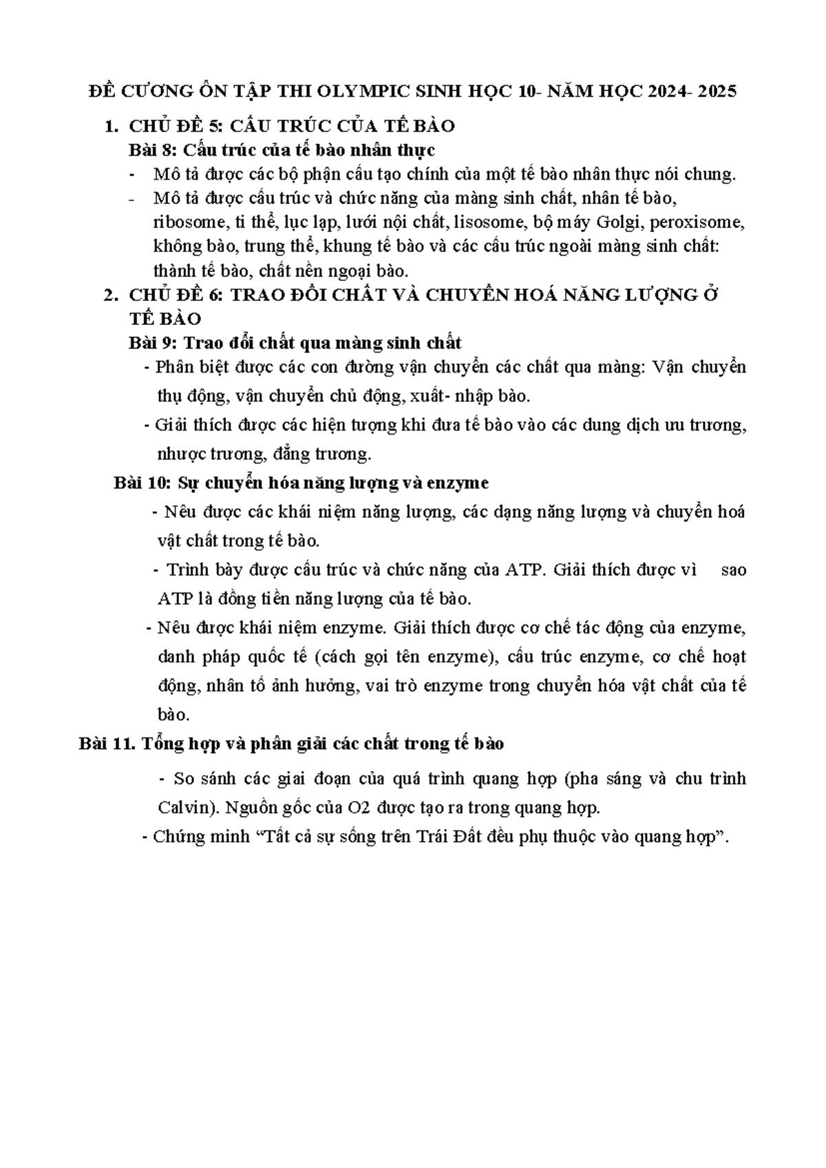 ĐỀ CƯƠNG ÔN TẬP THI OLYMPIC SINH HỌC K10 102425 - Studocu