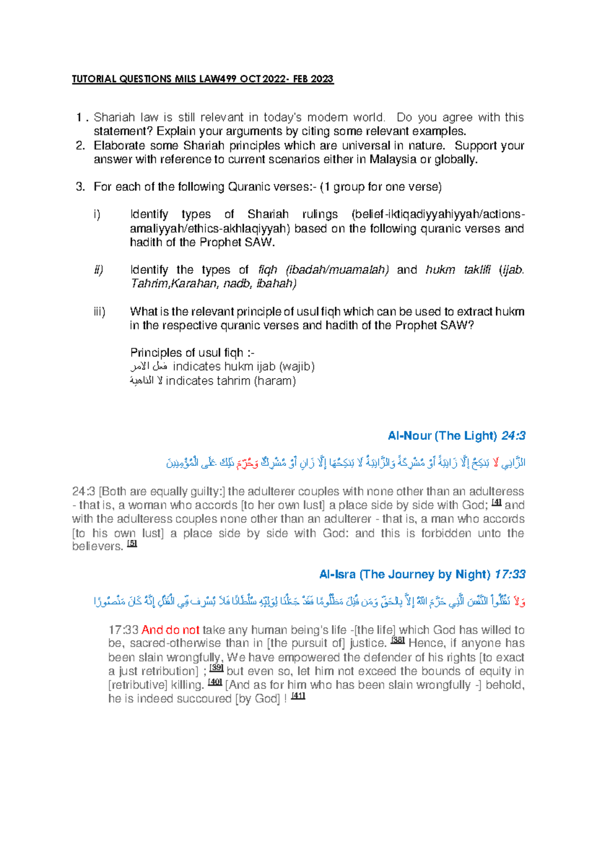 TUTORIAL QUESTIONS FOR MILS LAW499 - OCT 2022 TO FEB 2023 - Studocu