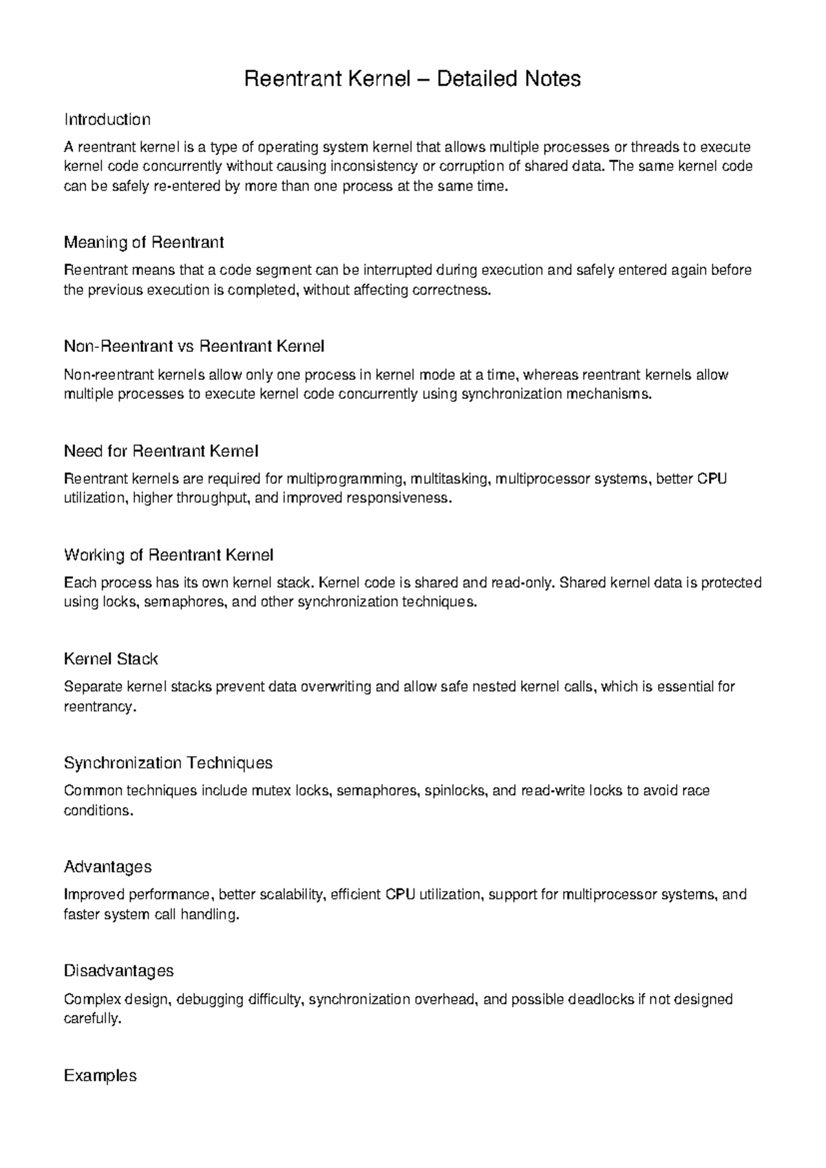 Reentrant Kernel Overview: Detailed Notes on OS Functionality - Studocu