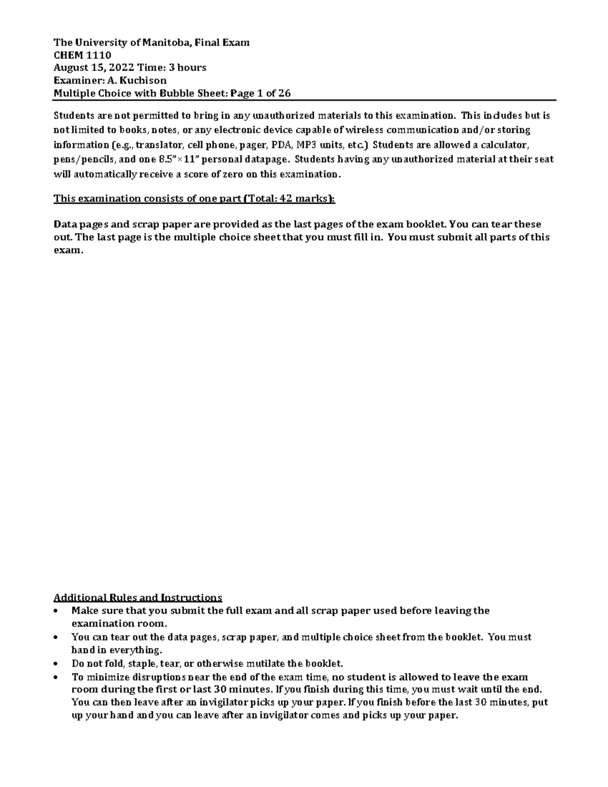 CHEM 1110 Final Exam Practice - August 2022 - Studocu
