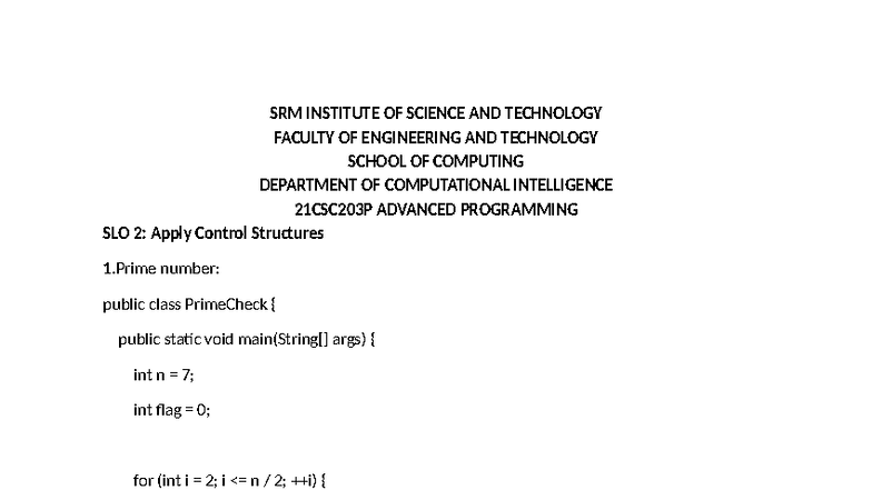 21CSC203P Advanced Programming: Control Structures & Examples - Studocu