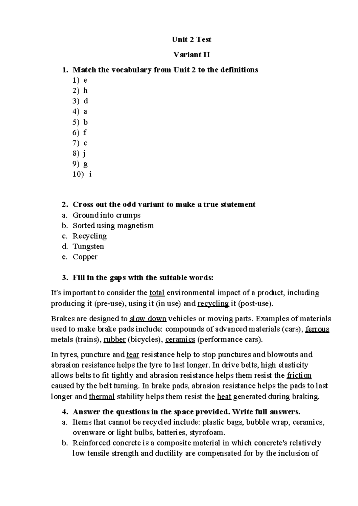 Unit 2 Test Variant II - Vocabulary and Material Properties - Studocu