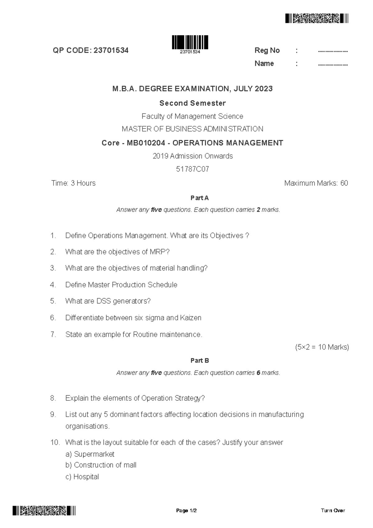 MBA 2nd Sem QP: Operations Management Exam July 2023 - Studocu