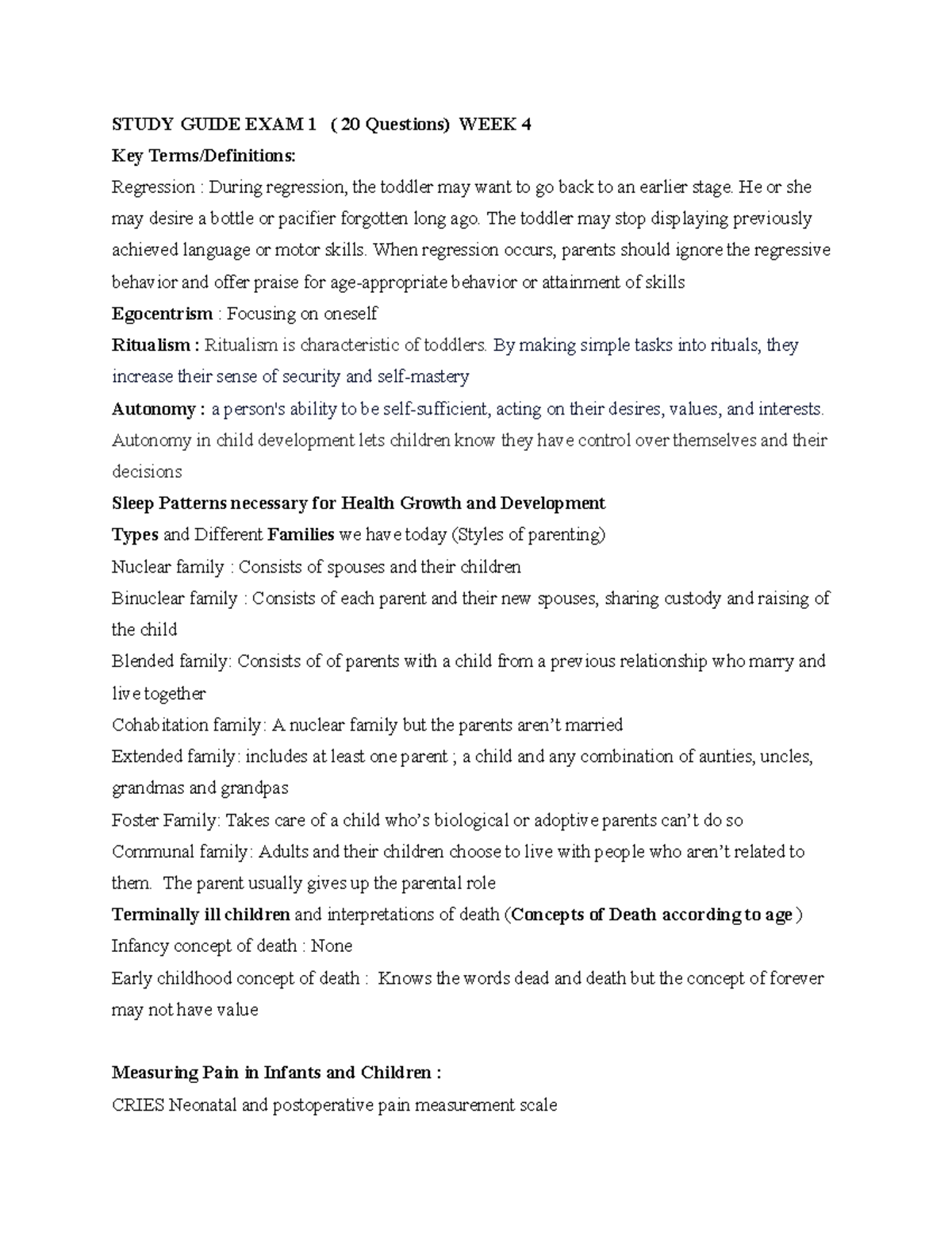 PEDS 101 Study Guide: Key Terms & Concepts for Exam 1 (Wk 4) - Studocu