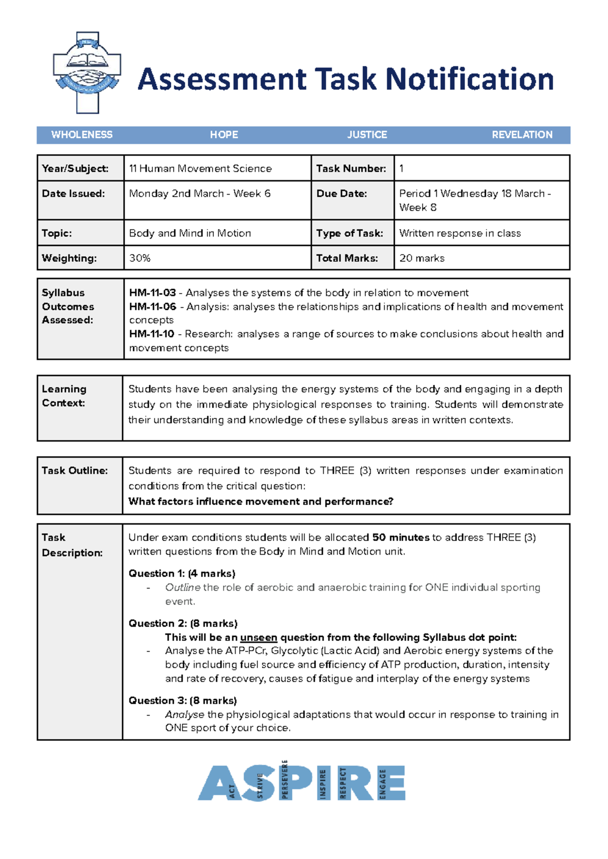 HMS 11 Task 1: Body and Mind in Motion Assessment Notification - Studocu