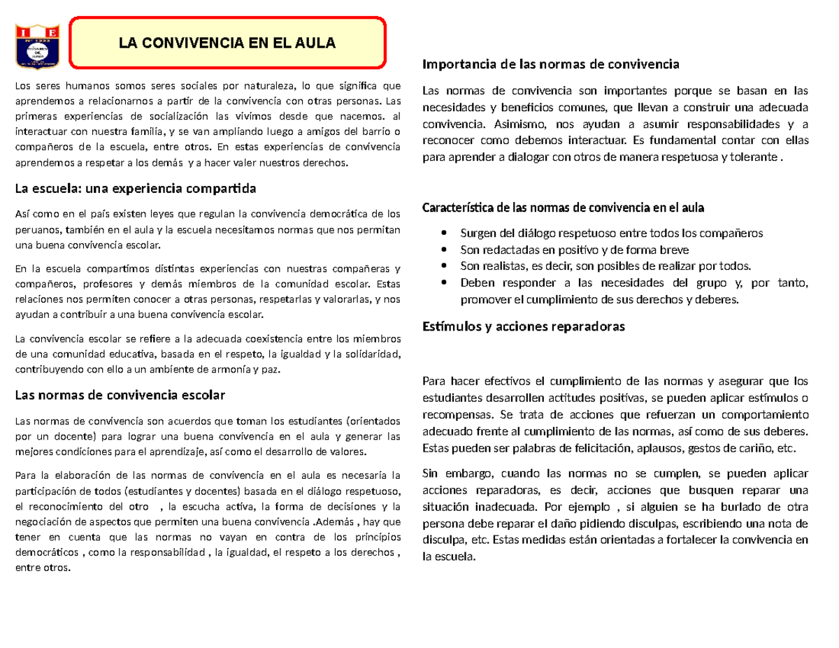 LA CONVIVENCIA EN EL AULA: Normas y su Importancia en la Escuela - Studocu