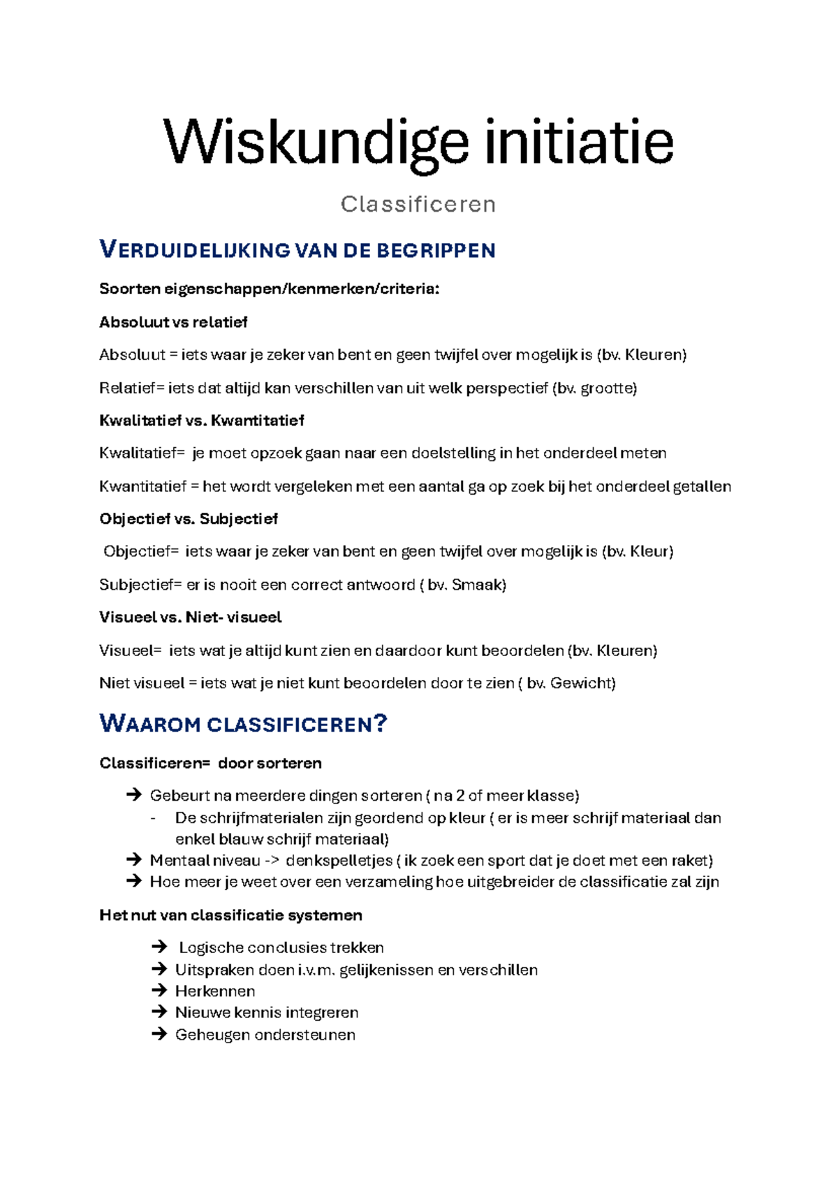 Wiskundige Initiatie: Classificeren en Eigenschappen - Studocu