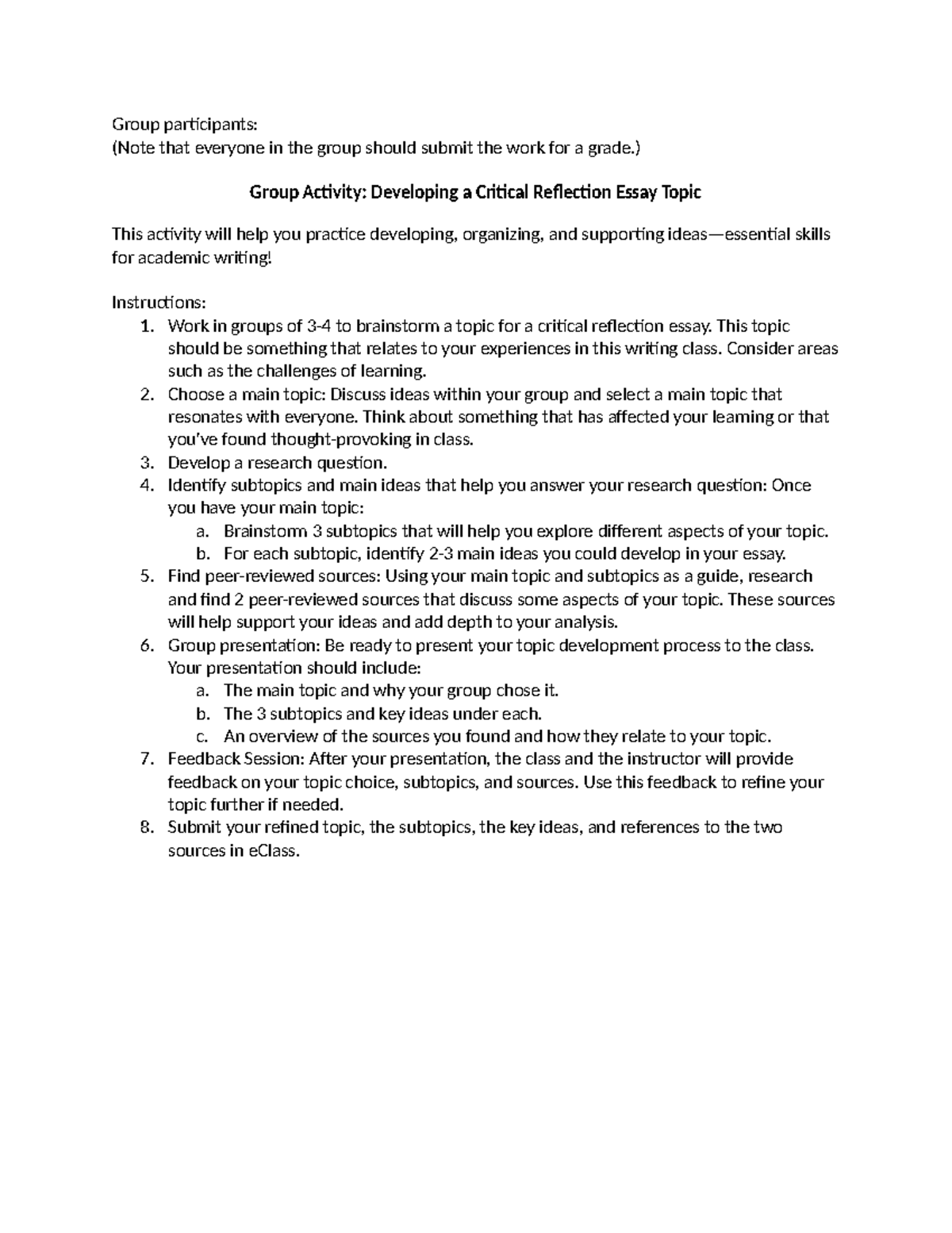 Group Activity: Critical Reflection Essay Topic Development Guide - Studocu