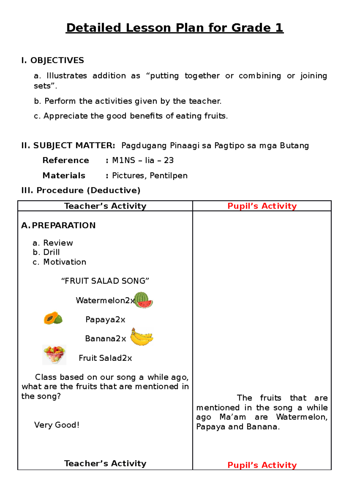 Grade 1 Detailed Lesson Plan: Pagdugang Pinaagi sa Pagtipo sa mga ...