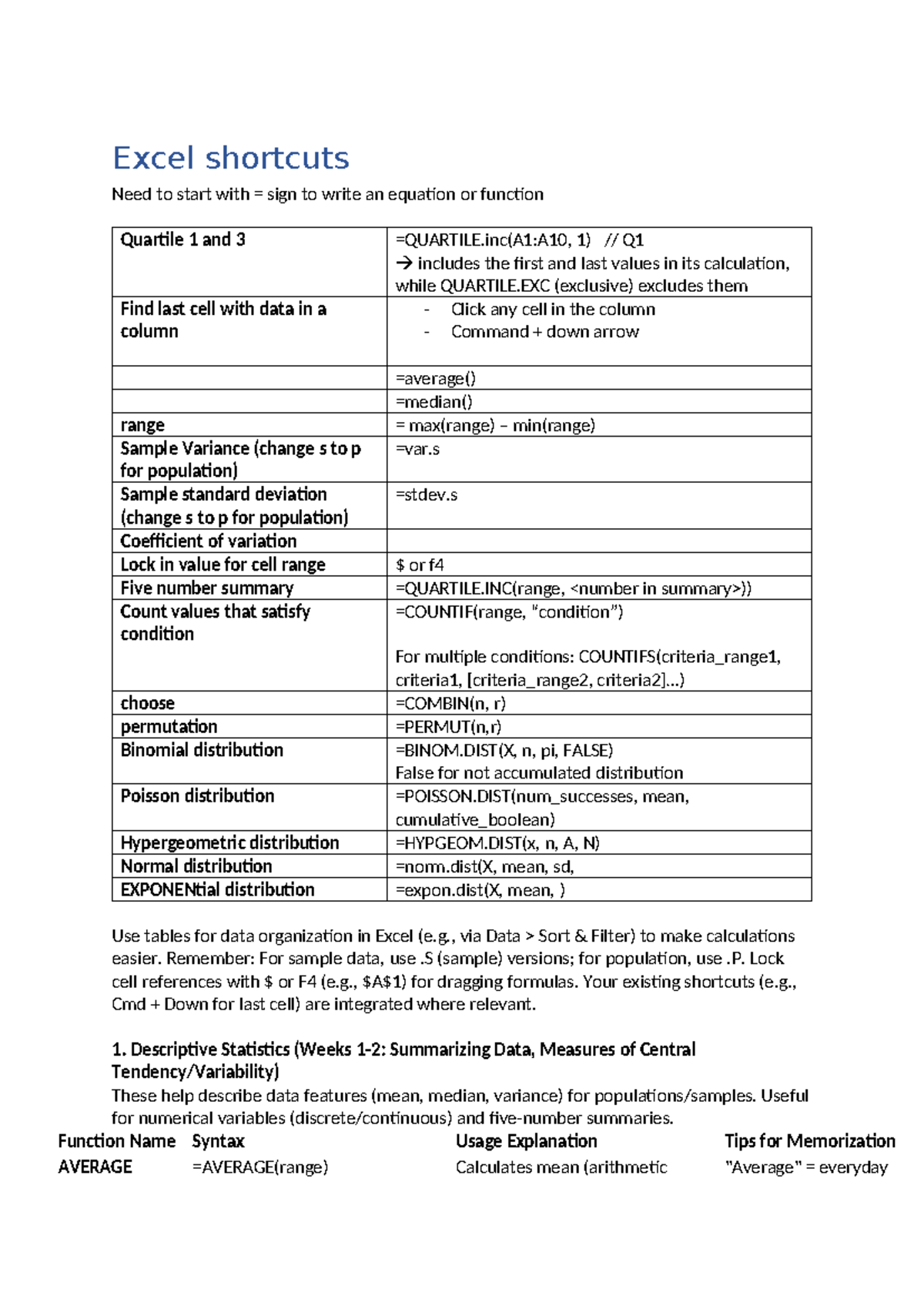 Excel Shortcuts for Statistical Functions and Data Analysis - Studocu