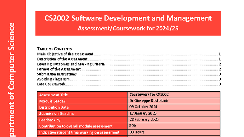CS2002 Software Development & Management Coursework Guide 2024-25 - Studocu