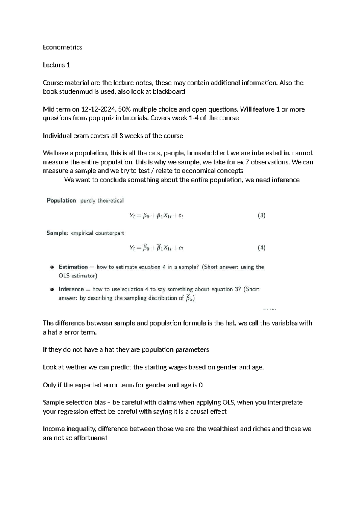 Econometrics lecture 1 summary notes and key concepts for midterm ...