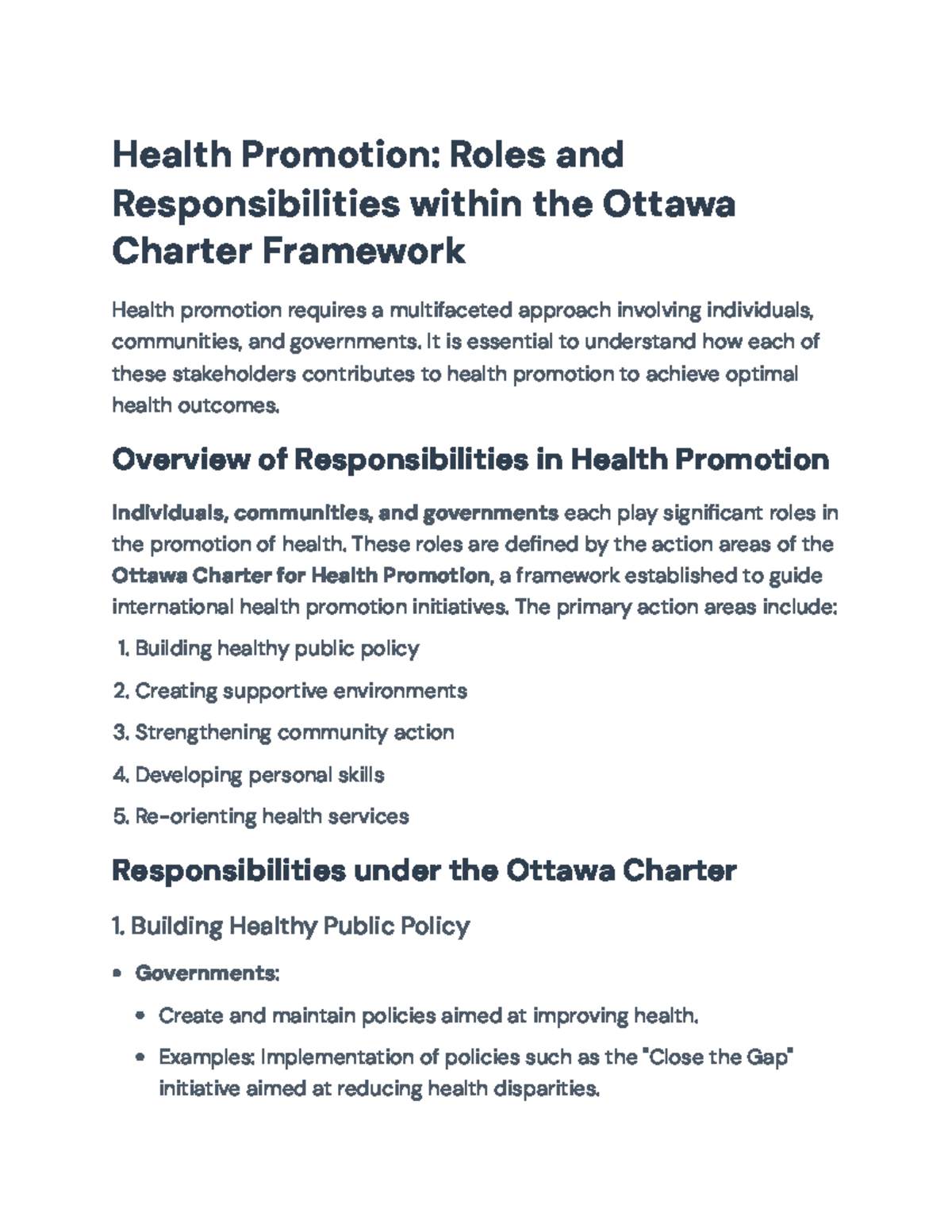 Health Promotion Roles and Responsibilities: Ottawa Charter Overview ...
