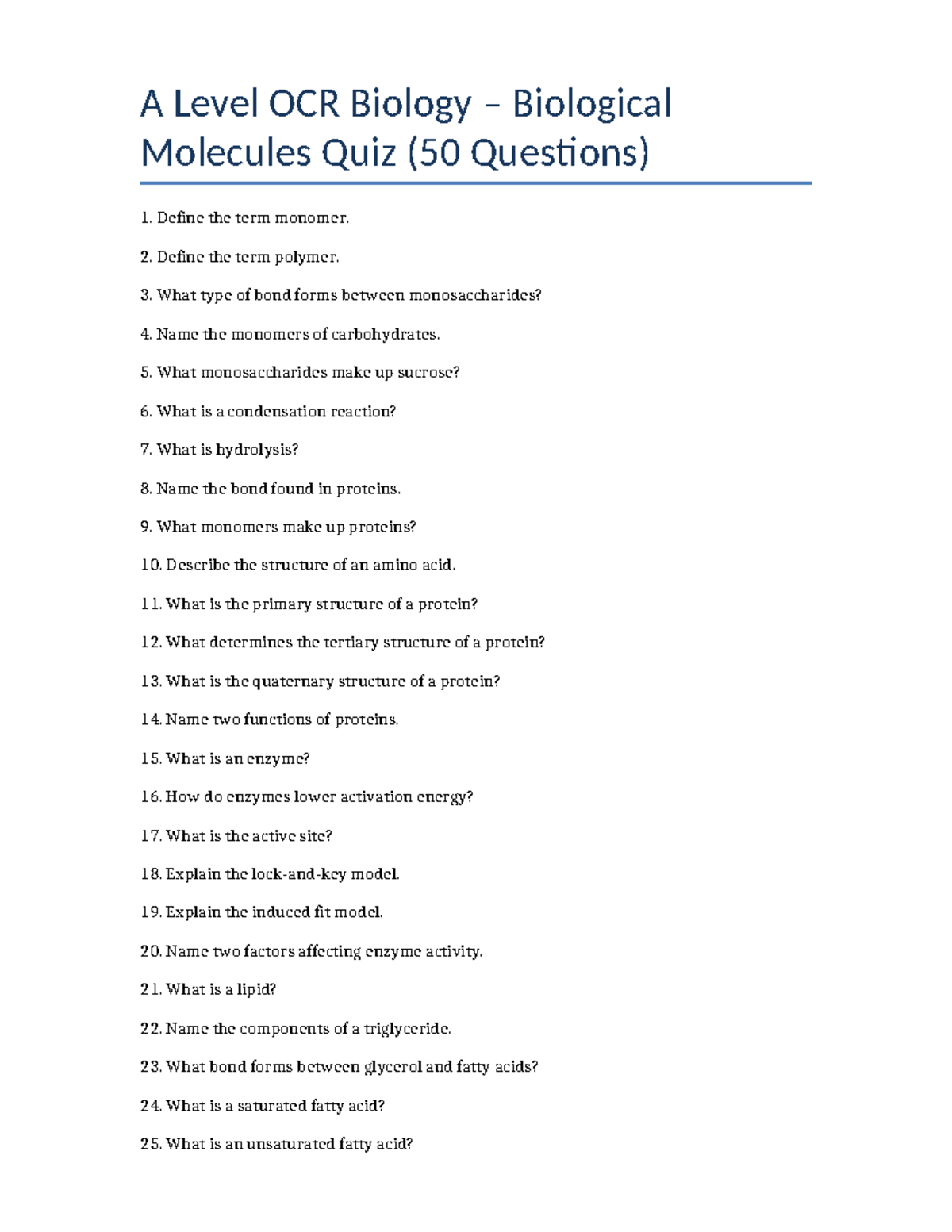 A Level OCR Biology Biological Molecules Revision Quiz (50 Qs) - Studocu
