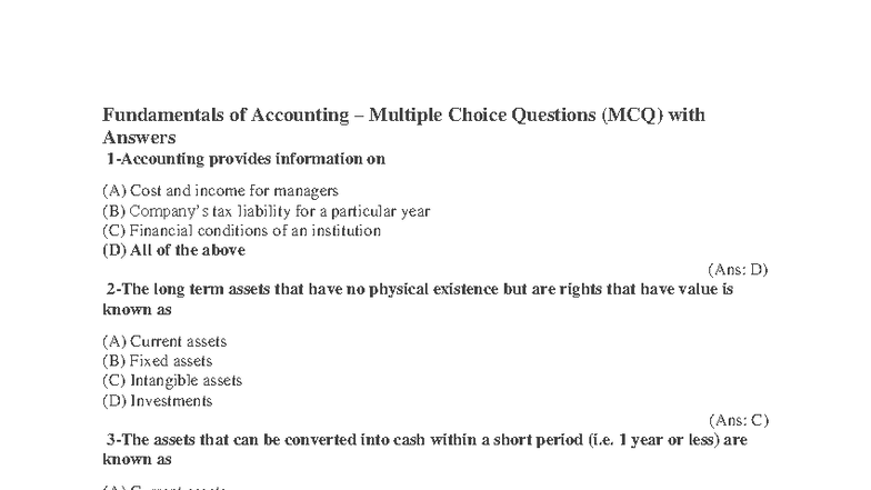 Fundamentals of Accounting MCQs with Answers (352716985) - Studocu