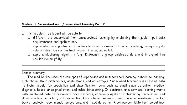 Module 3: Supervised vs Unsupervised Learning (Lec) - Studocu