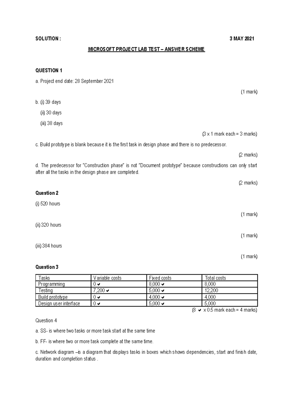 Microsoft Project LAB TEST Answer Scheme - May 2021 Solutions - Studocu