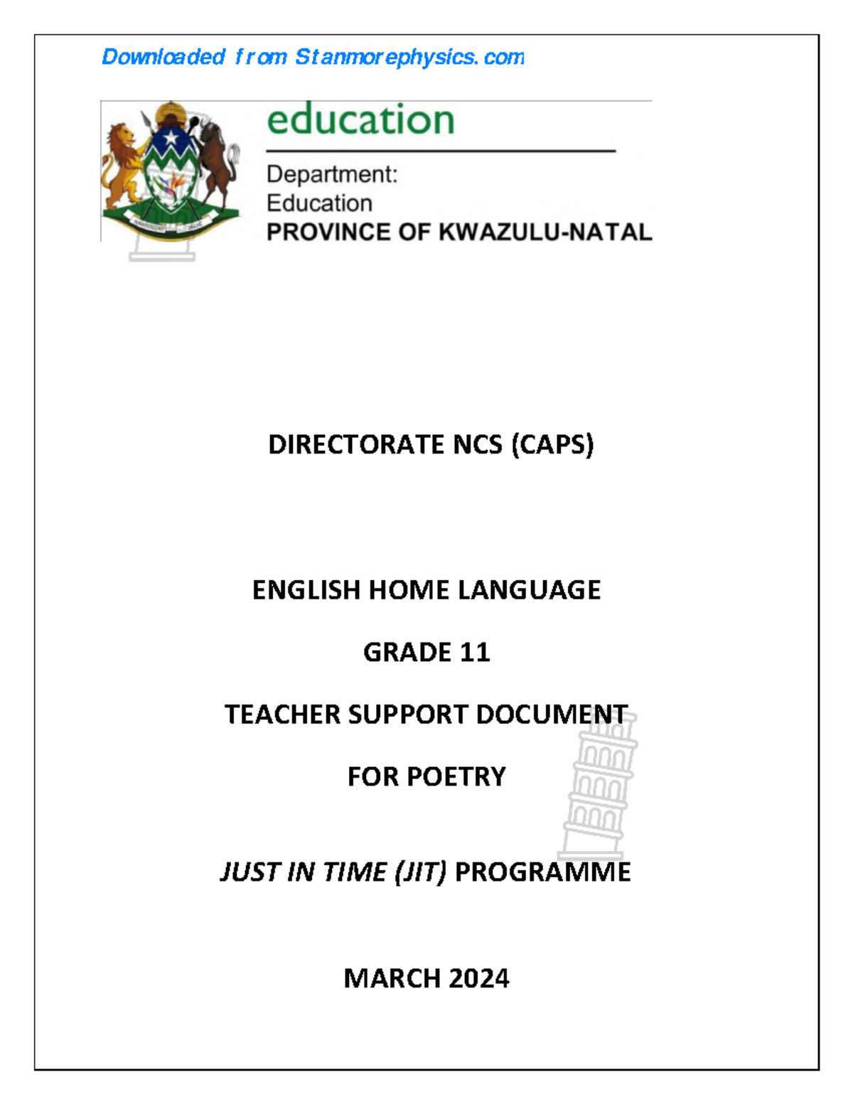 KZN JIT English HL Gr 11 Poetry Teaching Guide & Strategies 2024 - Studocu