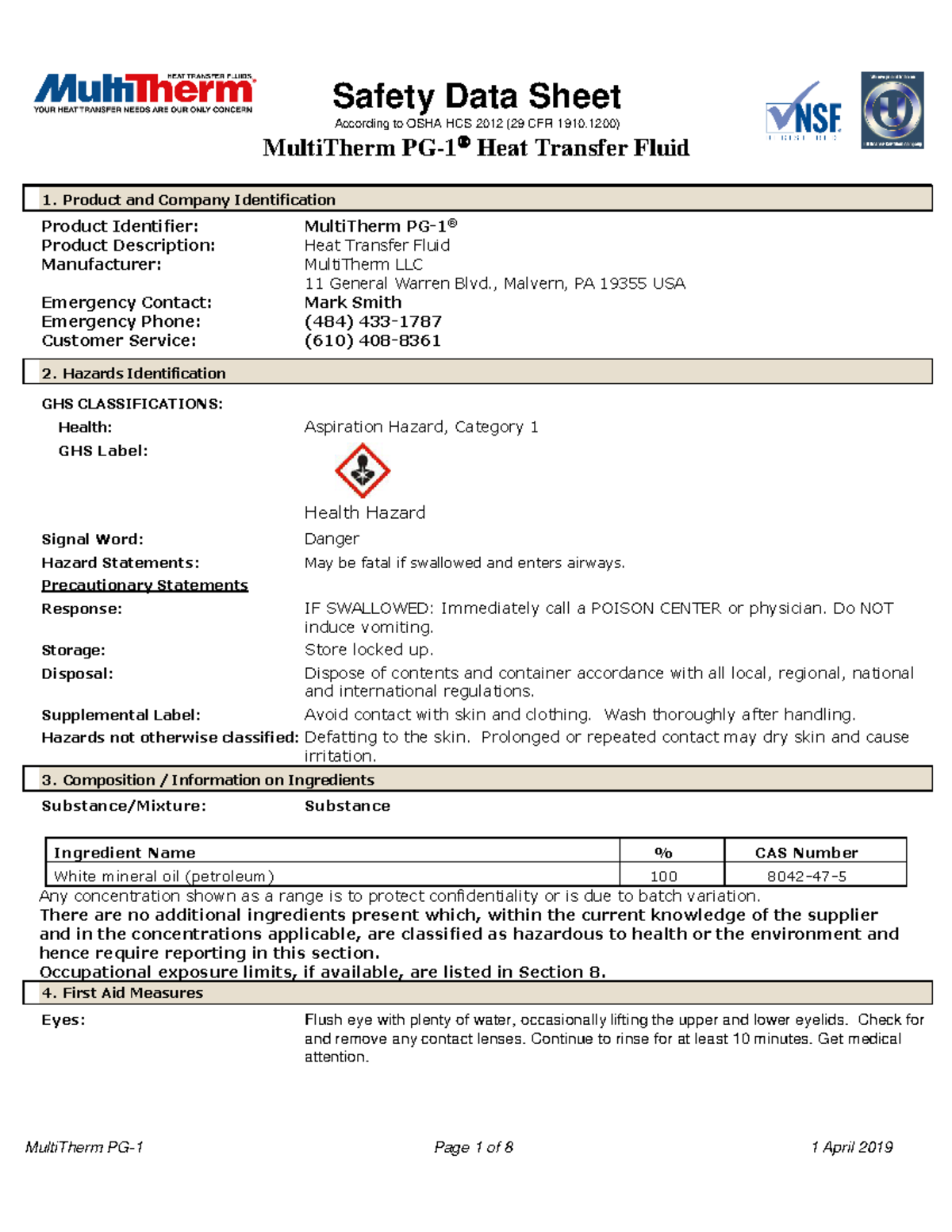 MultiTherm PG-1 Heat Transfer Fluid Safety Data Sheet 2019 - Studocu