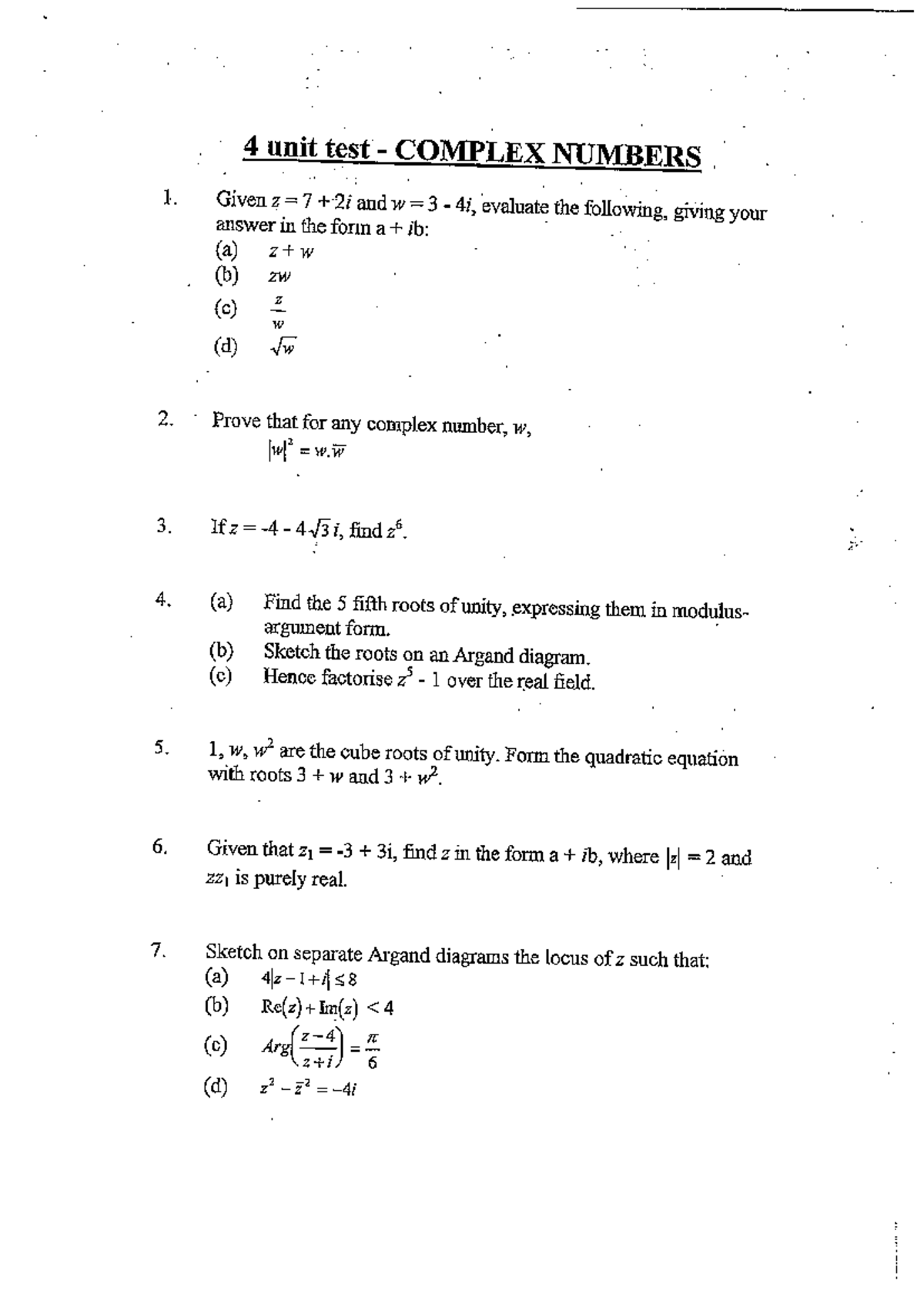 001 Complex Numbers Unit Test: Questions & Solutions - Studocu