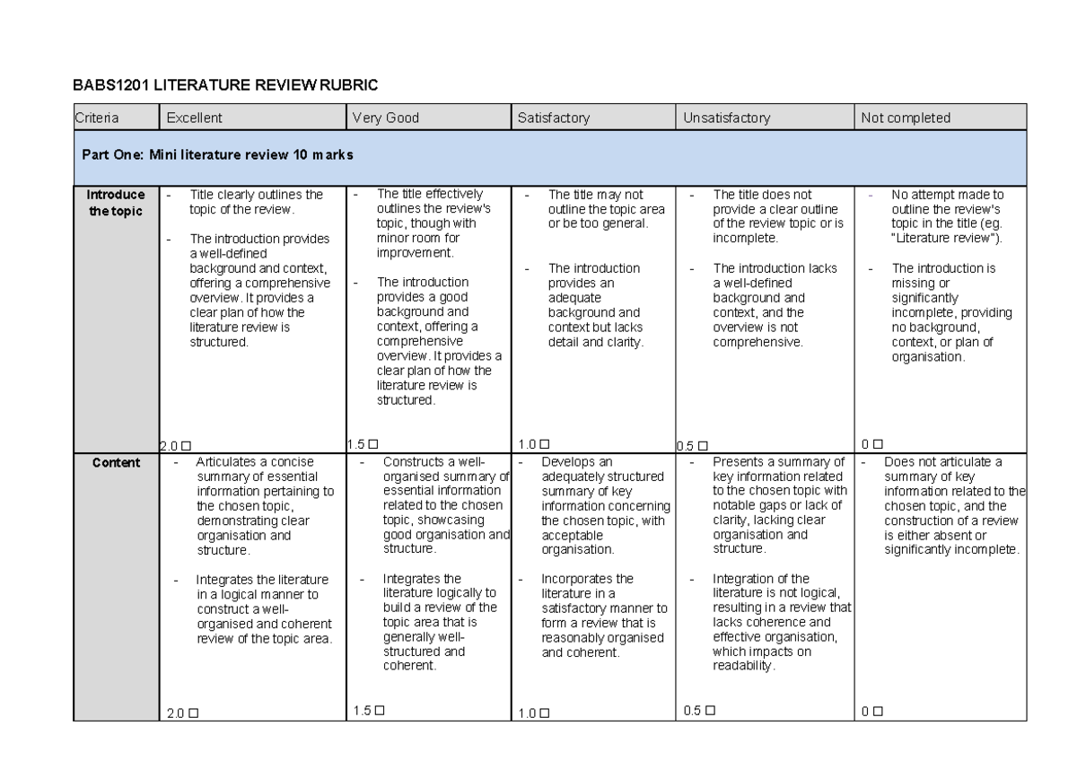 BABS1201 Literature Review Rubric - Assessment Criteria Breakdown - Studocu