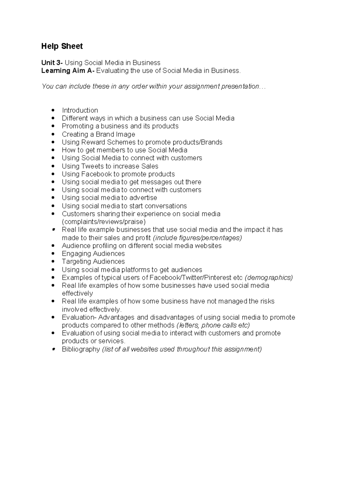 Help Sheet y12 assignment 1 - Help Sheet Unit 3- Using Social Media in ...