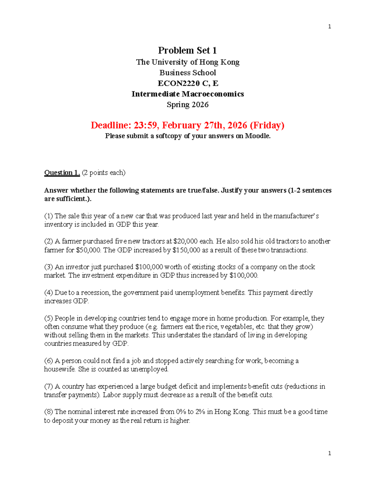 Problem Set 1: Intermediate Macroeconomics C, E - HKU Spring 2026 - Studocu
