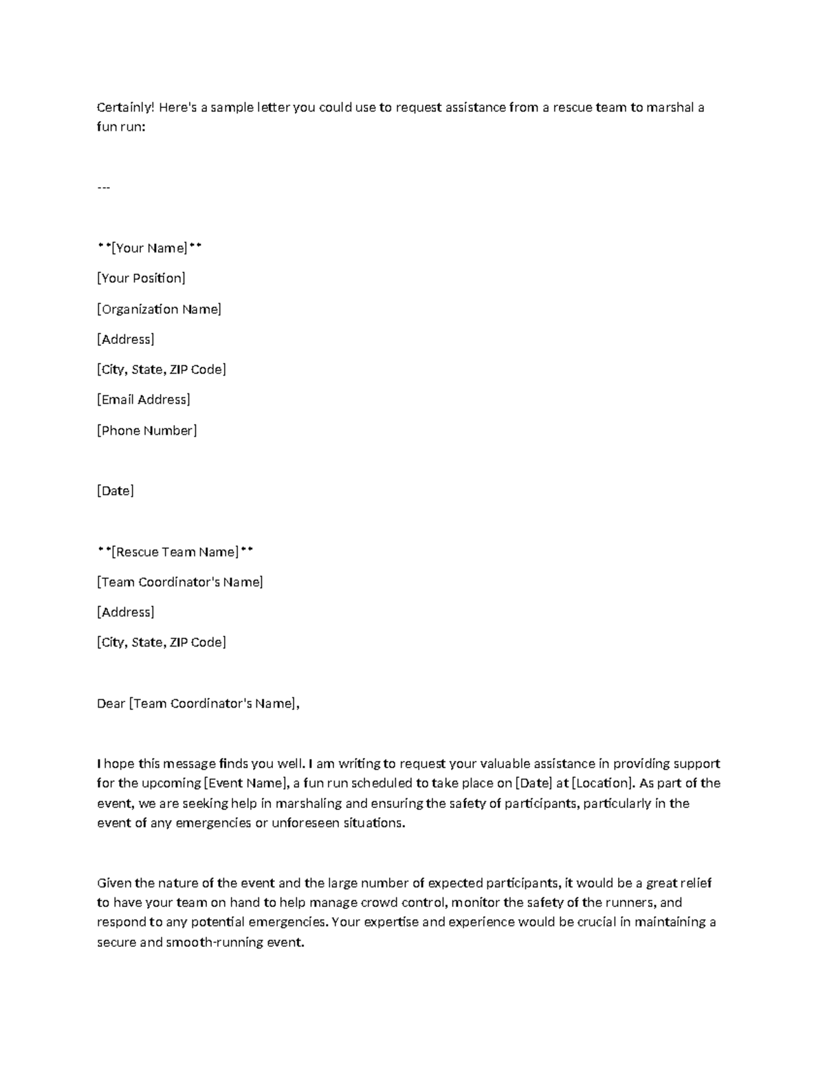 Sample Letters for Requesting Safety Support for Fun Run Event - Studocu