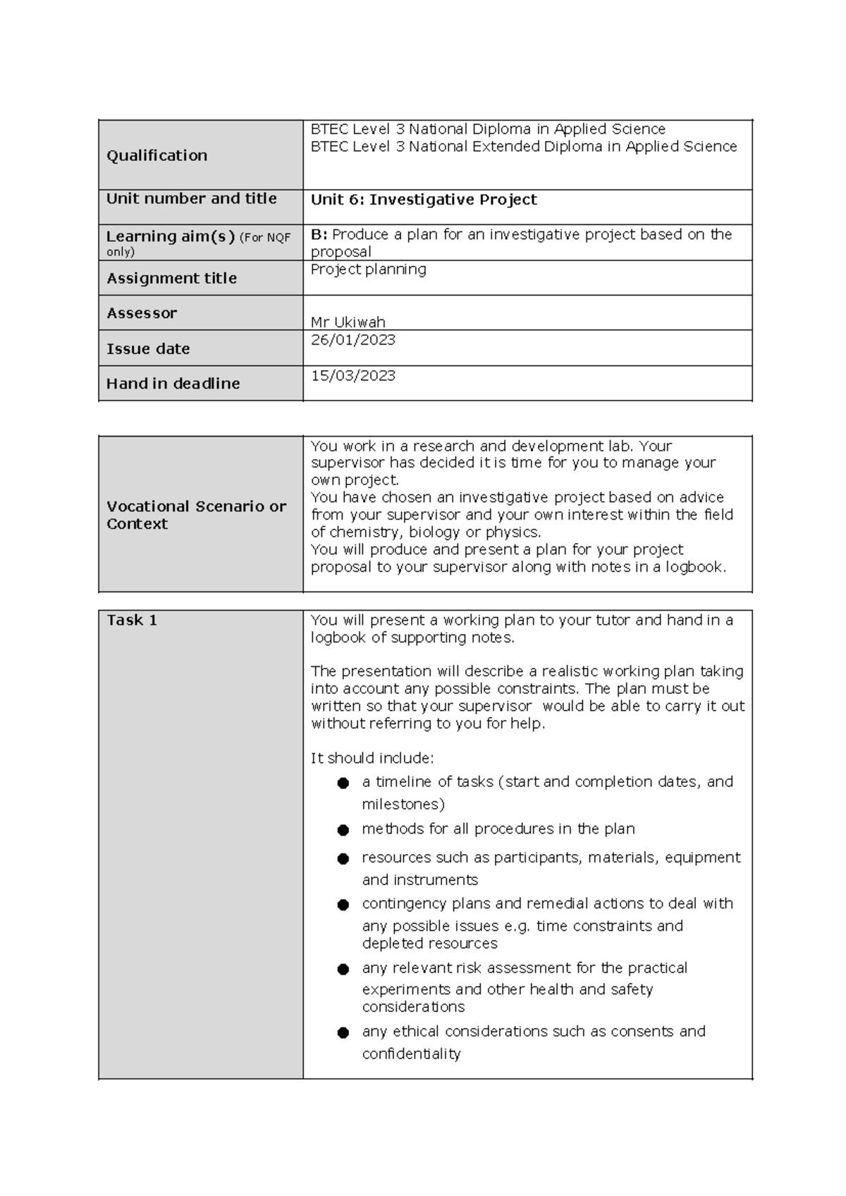 BTEC Level 3 Unit 6: Investigative Project Risk Assessment Guide - Studocu
