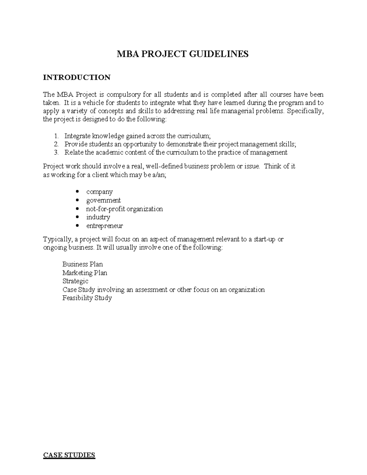 MBA Project WORK Guidelines: Integrating Learning with Practice - Studocu
