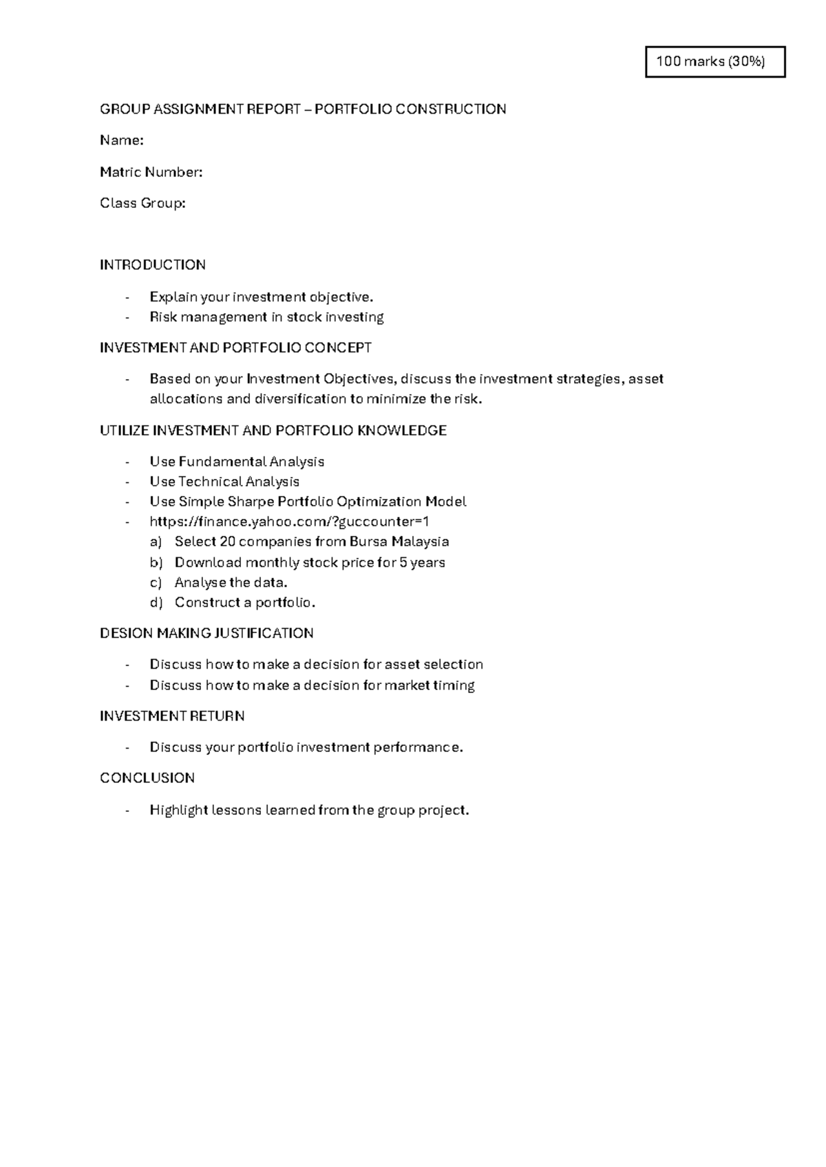 Group Assignment Report (FIN 301): Portfolio Construction Analysis ...