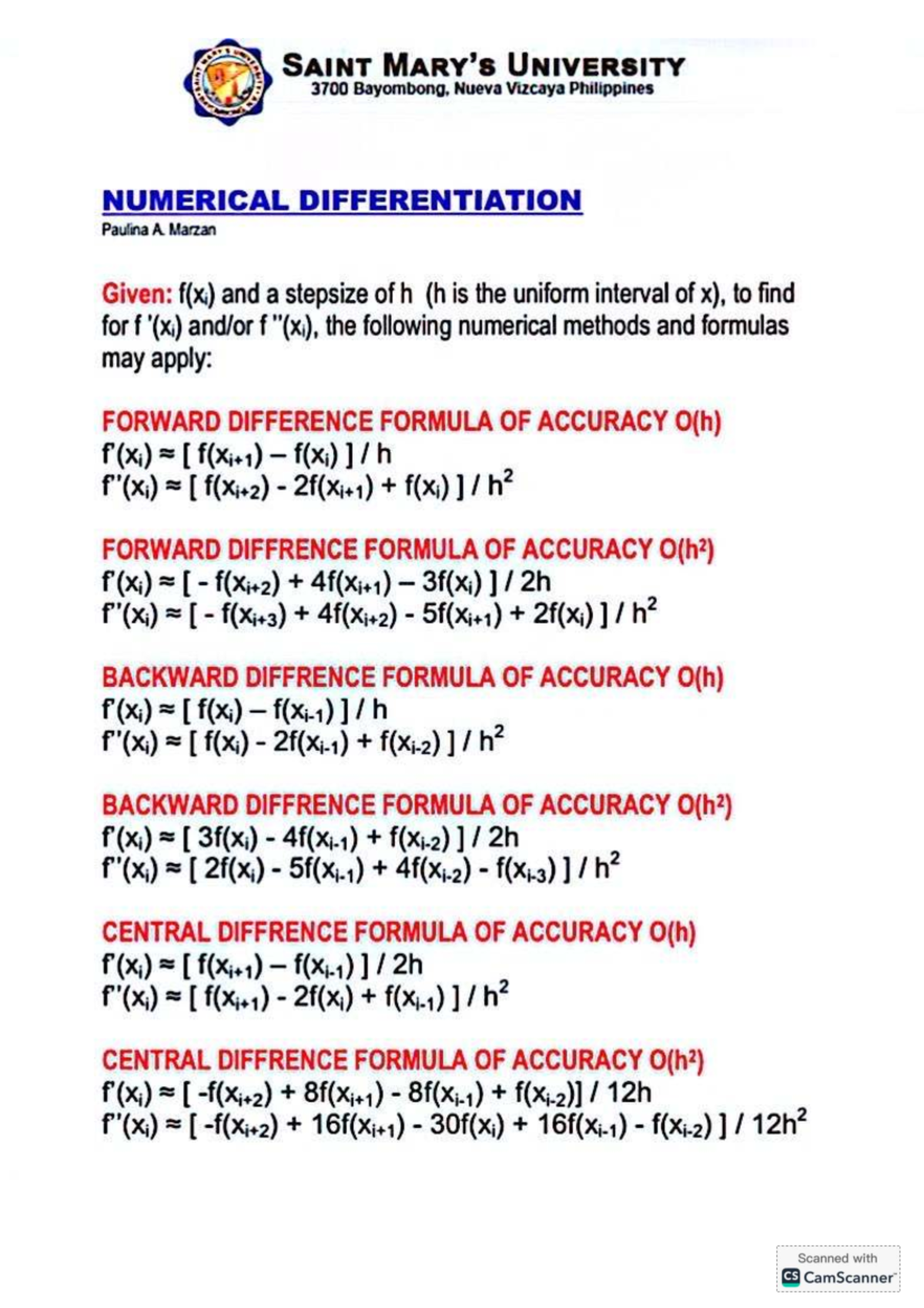 Numerical Differentiation Methods - SAINT UNIVERSITY 3700 - Studocu