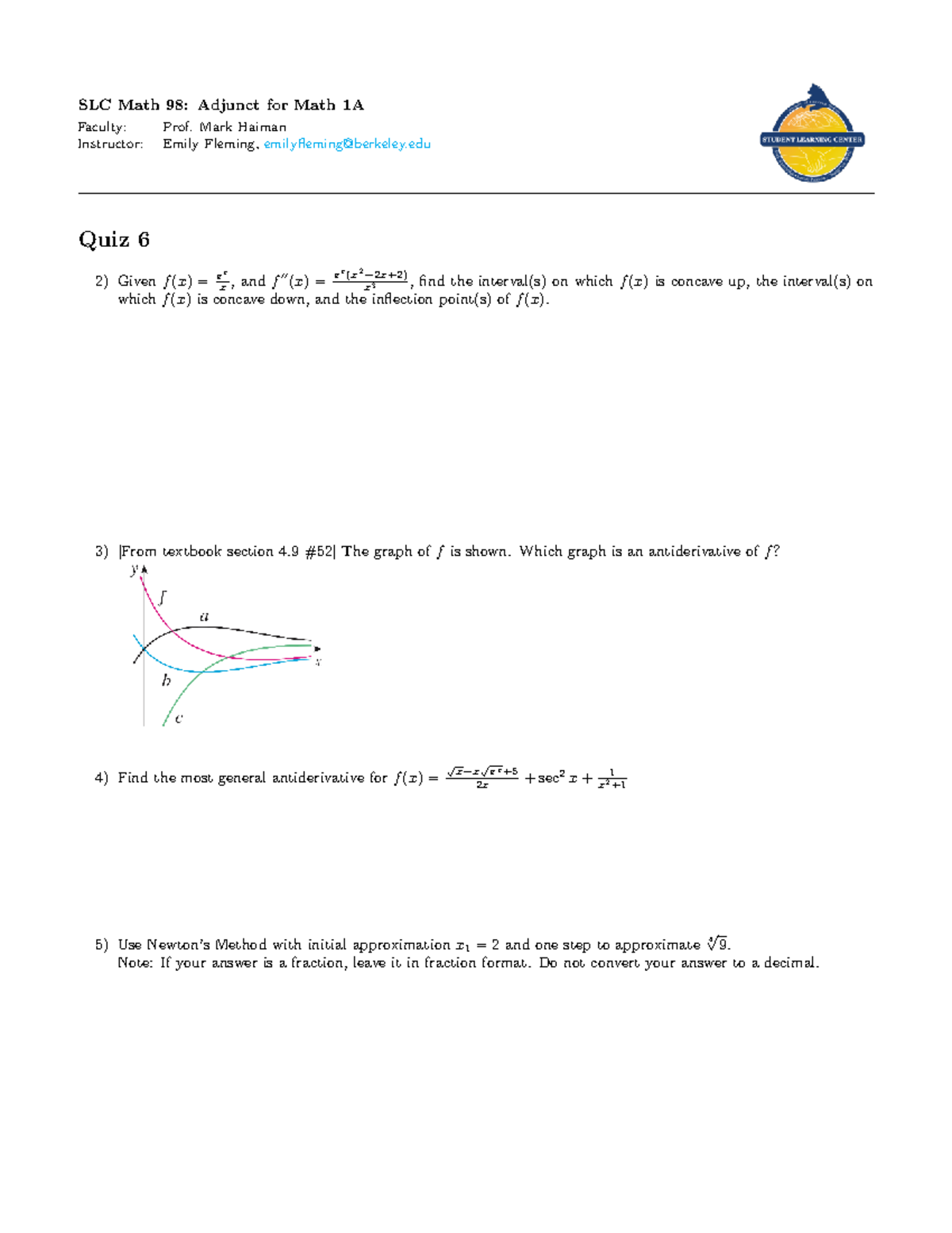 SLC Math 98: Fa22 Quiz 6 on Concavity and Antiderivatives - Studocu