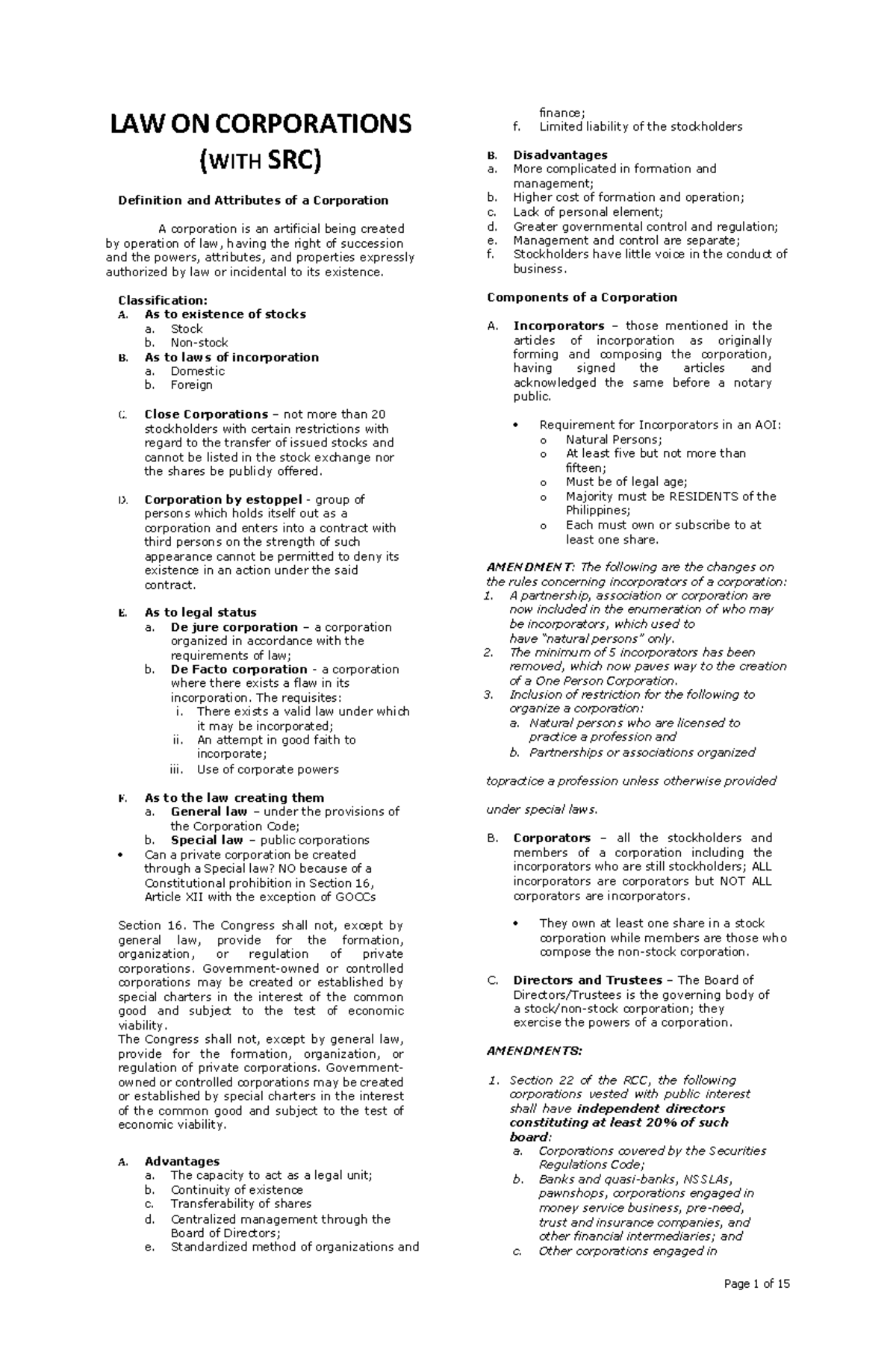 LAW ON CORPORATIONS (WITH SRC): Definition, Attributes, and Key ...