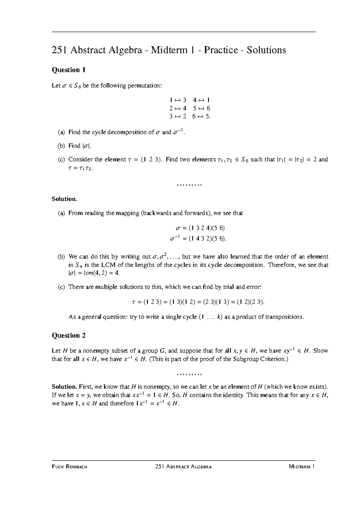 251 Abstract Algebra - Midterm 1 - Practice Questions & Solutions - Studocu
